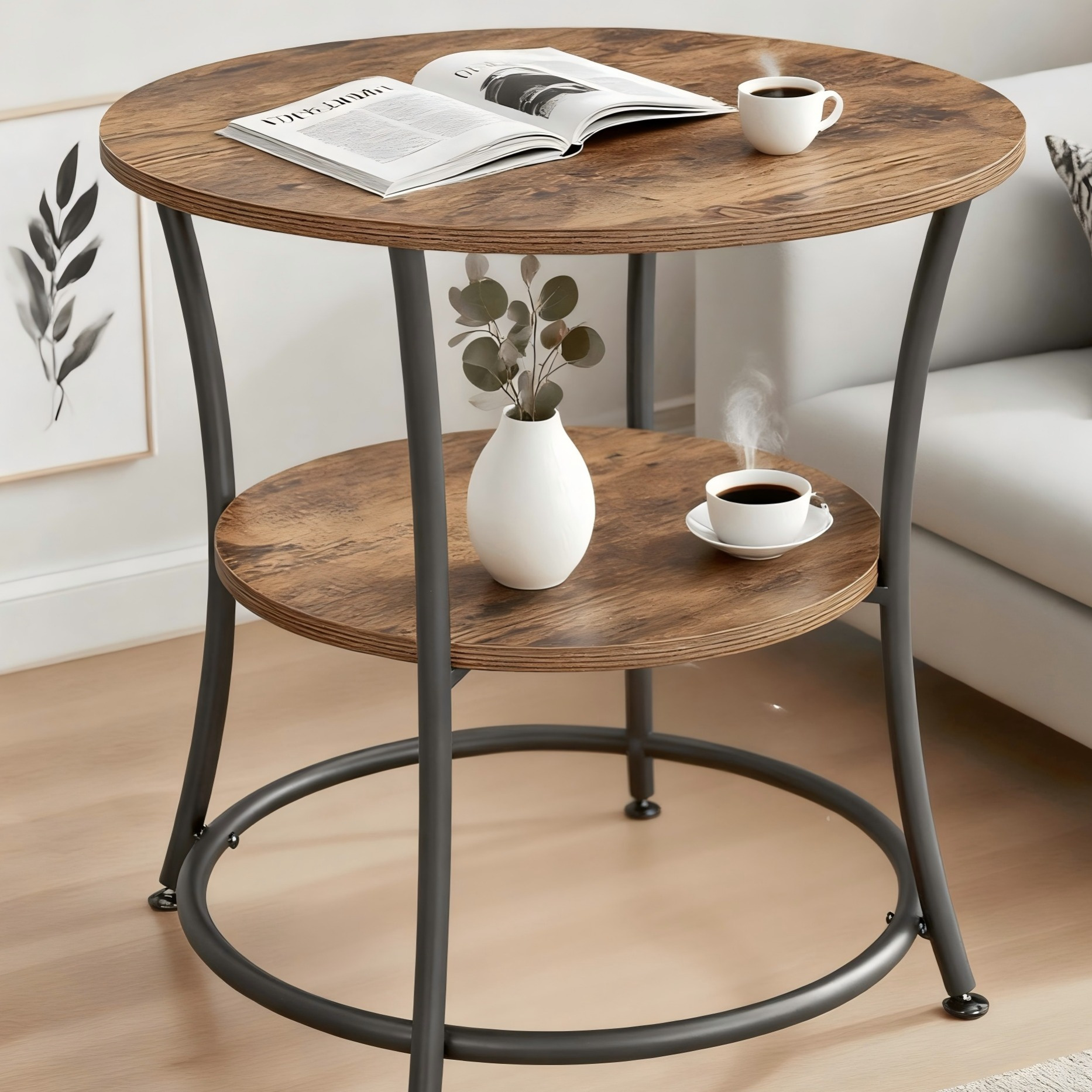 E-shop Runder Brown Beistelltisch mit Ablage, Nachttisch ,Couchtisch , Sofatisch, 2 Ablagen, Stahlrahmen, Industrie-Design,für Empfangsbereich, Büro,