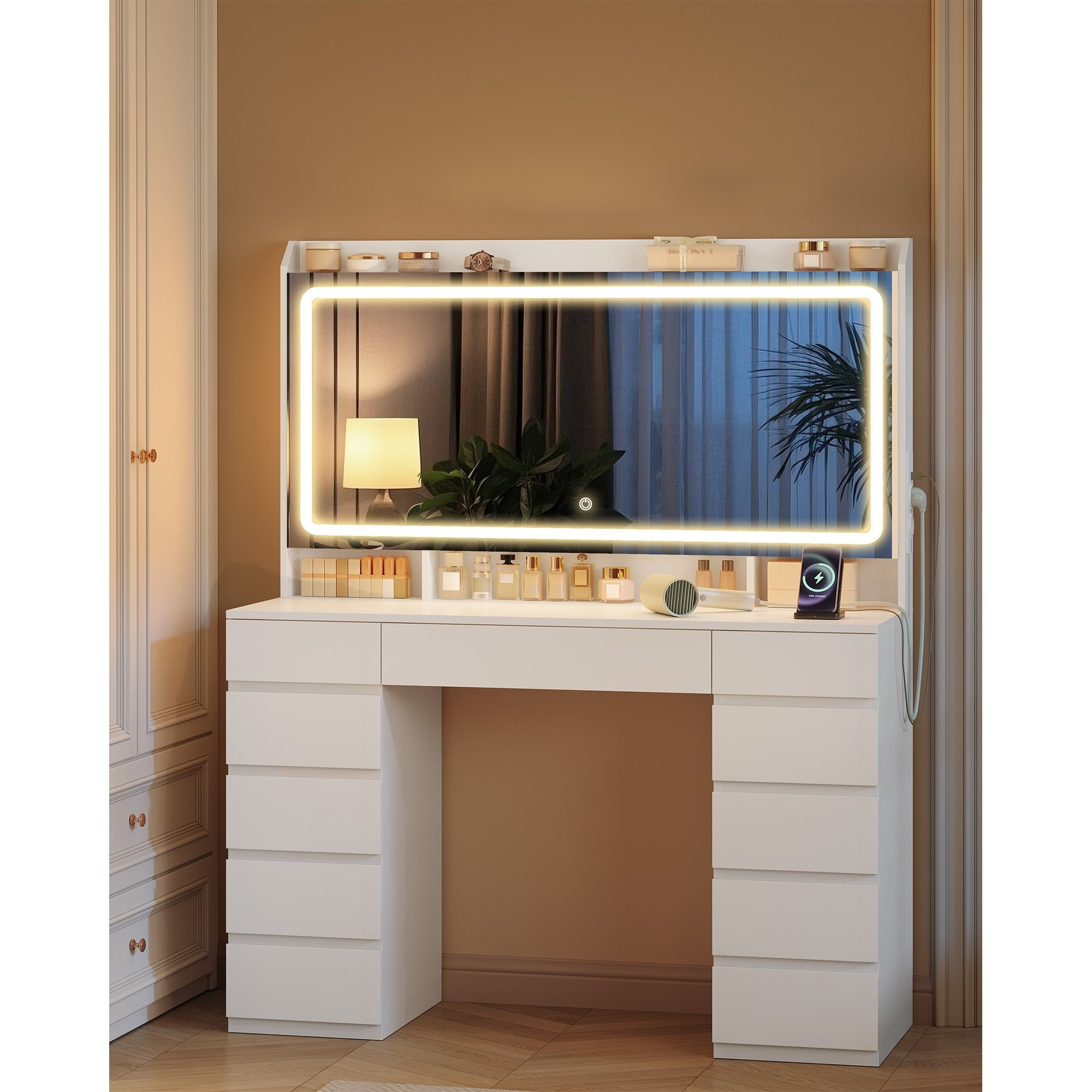 Image of Luxury Large Makeup Vanity With Large Hd Mirror, Makeup Vanity With Led Lighting, 3 Colors, Adjustable Brightness, Dressing Table With 11 Drawers, 3 Shelves And 1 , Makeup Vanities For Bedroom, White