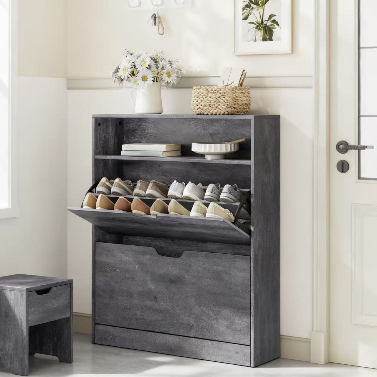 Image of Shoe Cabinet, Shoe Rack, 2-door Shoe Cabinet, 24 X 80 X 102 Cm, Shoe Cabinet For , Open Compartments, Adjustable Shelves, Space For 11-16 Pairs Of Shoes, Suitable For , .
