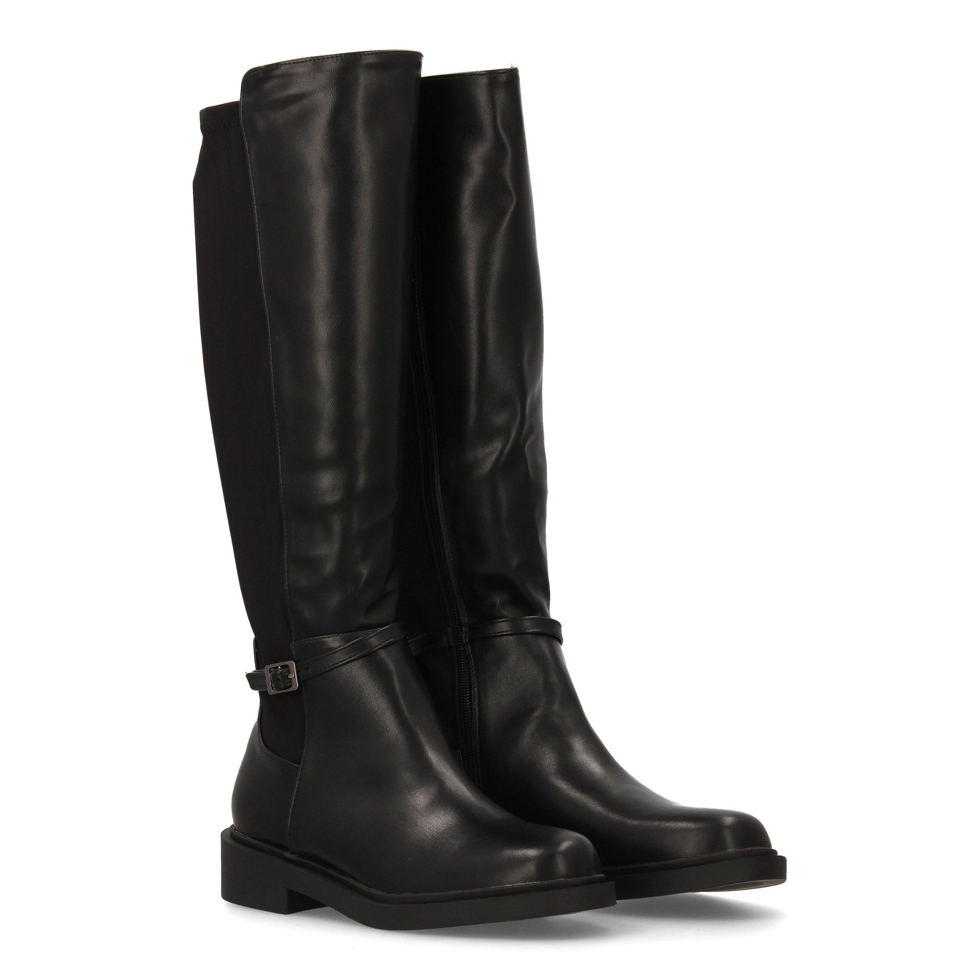 Image of High For Women With Combined Synthetic Material And Elastic Fabric. Its Equestrian- Features A Decorative At The Ankle And A Flat Sole With A Low Heel For Everyday Wear.