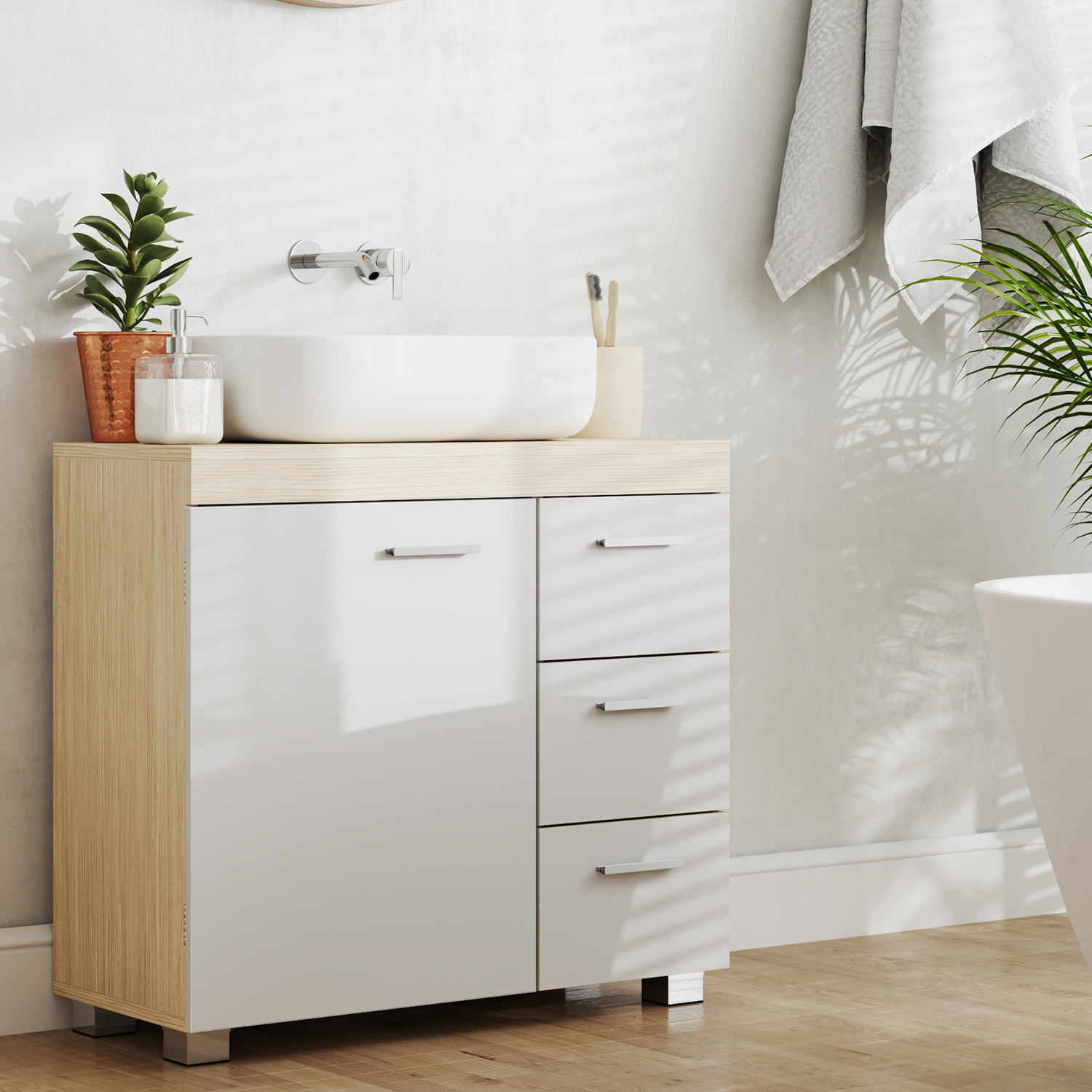 TEMU Armoire de rangement, armoire de salle de bain, armoire dressing avec compartiments arrière, tiroirs latéraux, équipée de pieds, 30 x 70 cm,