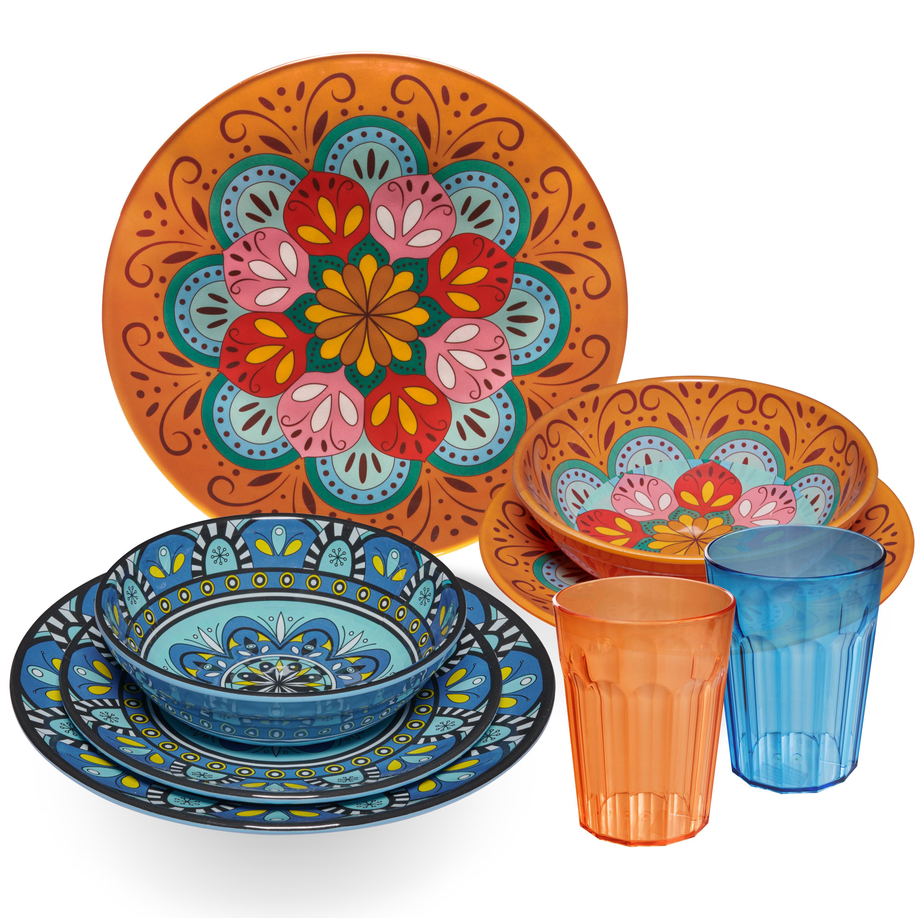 Image of Pastel Camping Tableware For 2 People - 8-piece Set - - Mandala Design With Matching 450ml Acrylic Drinking Glasses, Dishwasher Safe, Dining Set, Camping Accessories, Camping Tableware