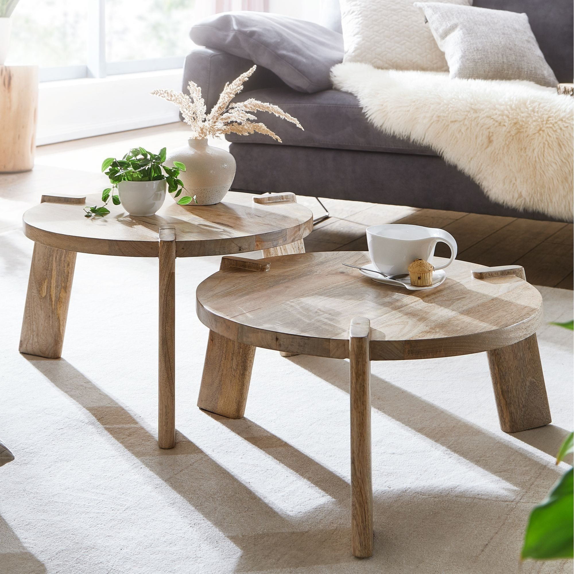 Coffee Table 2pcs Set Mango Solid Room Table, Set Table Wooden Table Round Side Table, 2-part Table Set Coffee Table Wood