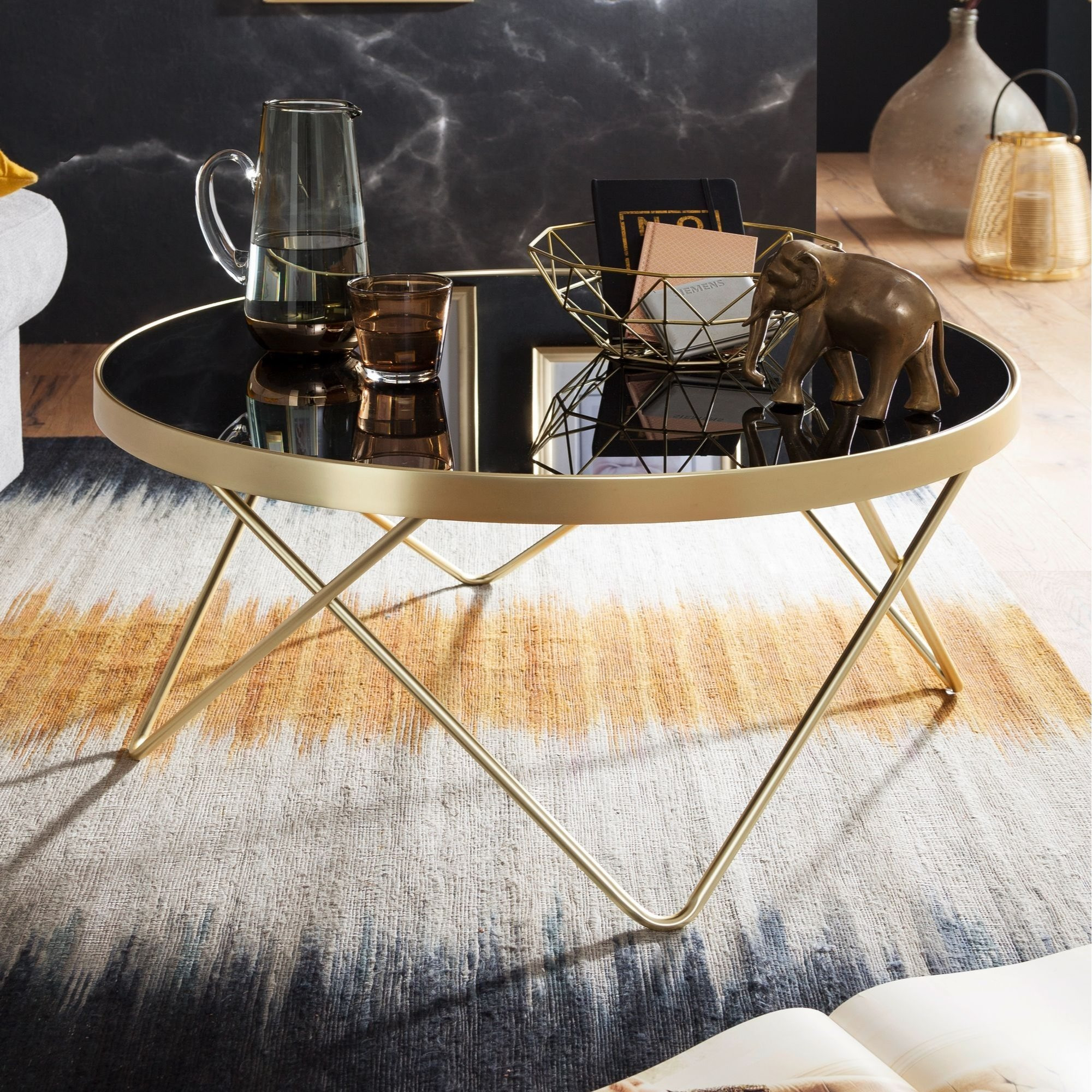 Image of Design Coffee Table Ø 82 Gold Side Table Metal/glass, Table With Glass Top, Table, Large Living Room Table, Glass Table With Metal Frame