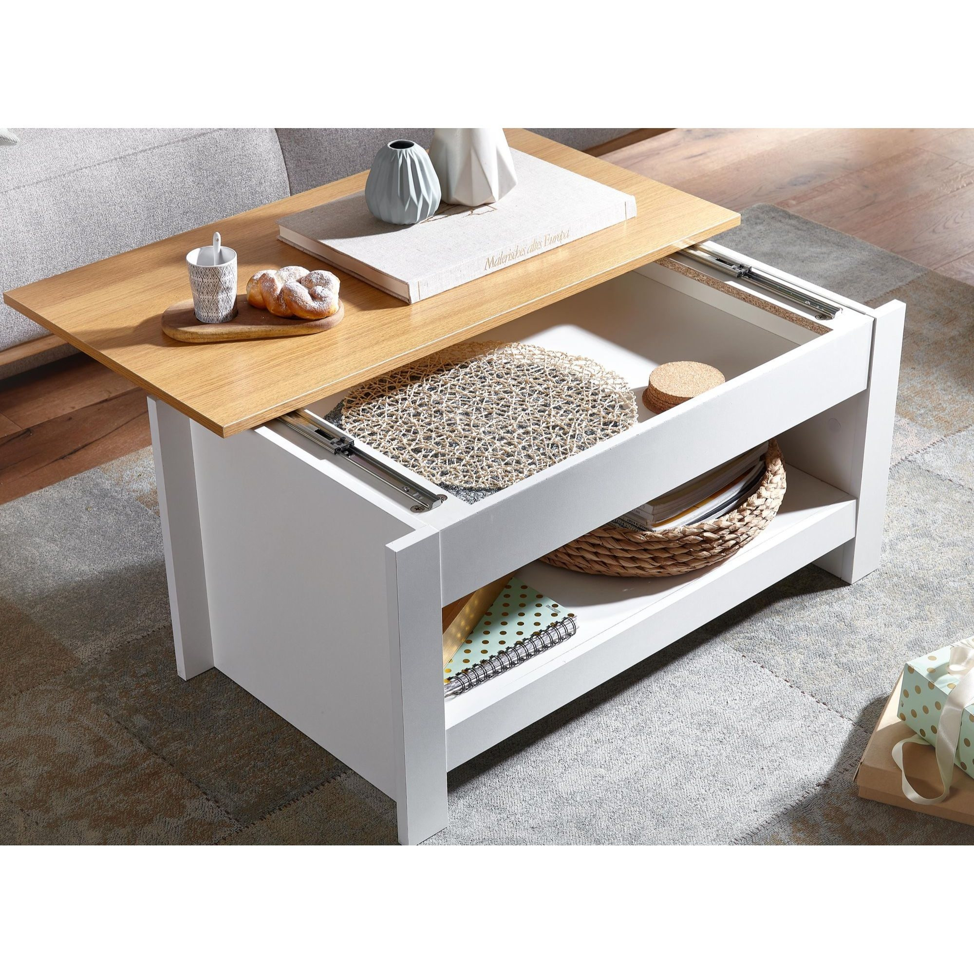 White Oak Coffee Table 85x47x45 Cm Living Room Table With Storage, Sofa Table With Shelf, Coffee Table Lounge Table Corner