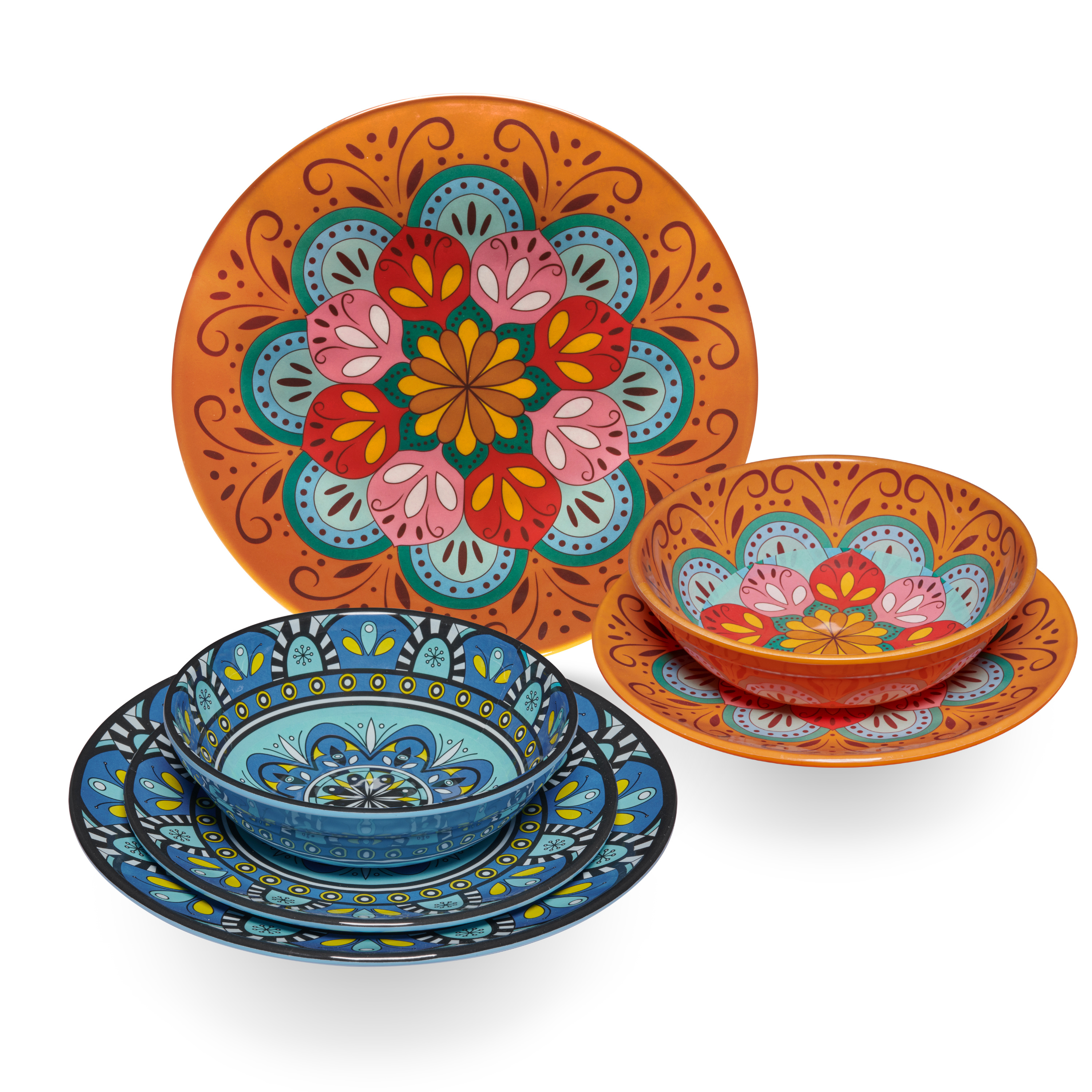 Image of Tuscany Pastel Camping Dishware For 2 People - 6pcs - Orange-blue - Mandala Optics Dishwasher Safe Tableware Camping Accessories Camping Festival Picnic Garden Party