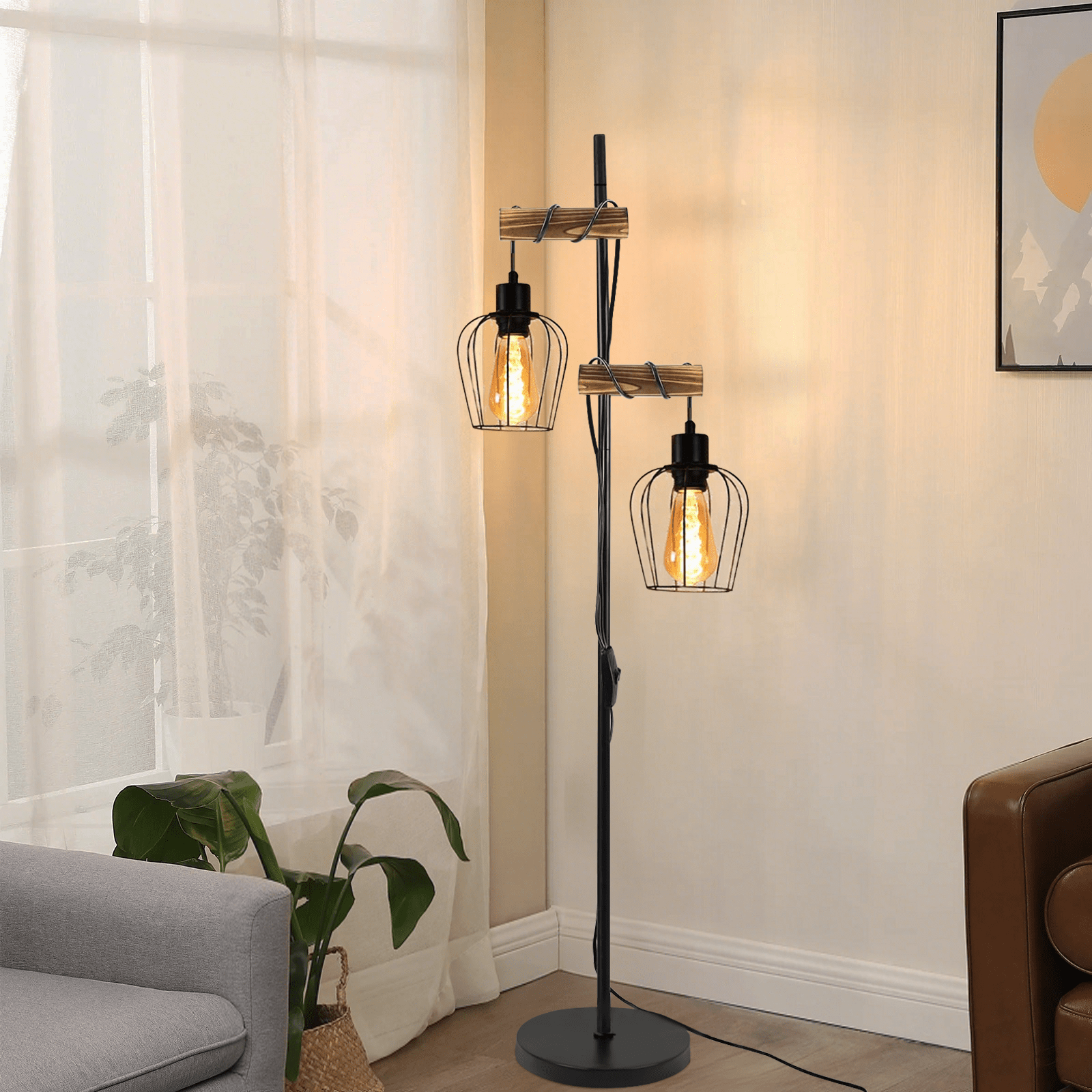 Vintage Floor Lamp Living Room 2-flame Wooden Retro Standing Lamp In Made Of Metal And Wood - Includes Switch - Black - Socket: E27 - Height: 151cm - No Bulb Included
