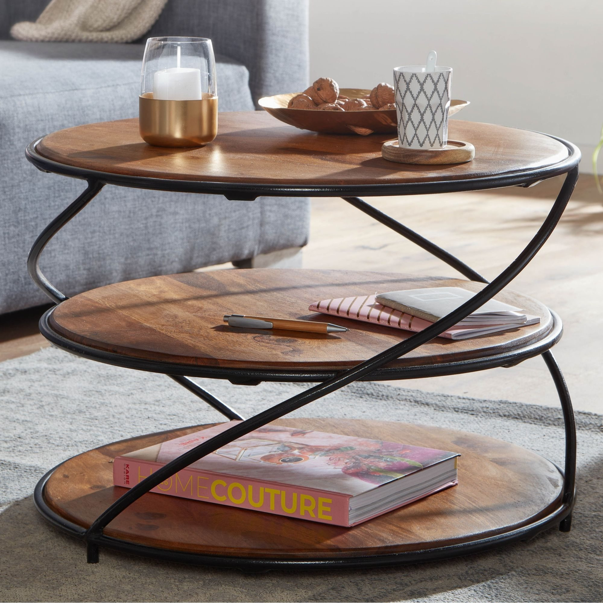Coffee Table 58x58x40.5 Cm Solid Wood / Metal With Storage Space, Living Room Table Solid Coffee Table, Small Side Table Modern Living Room, Round Sofa Table.