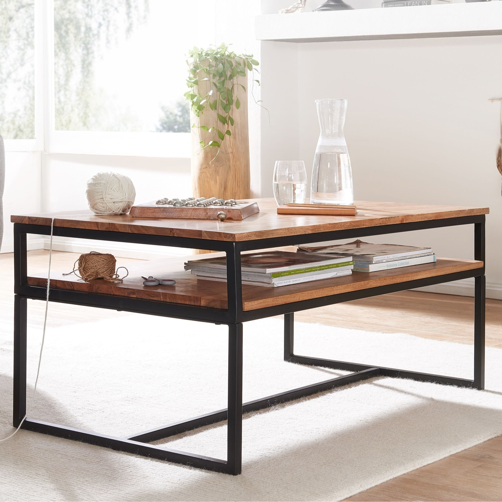 Coffee Table 100x60x45 Cm Solid Wood Metal Sofa Table Living Room Table Acacia, Industrial Side Table With Storage, Solid Wood Coffee Table