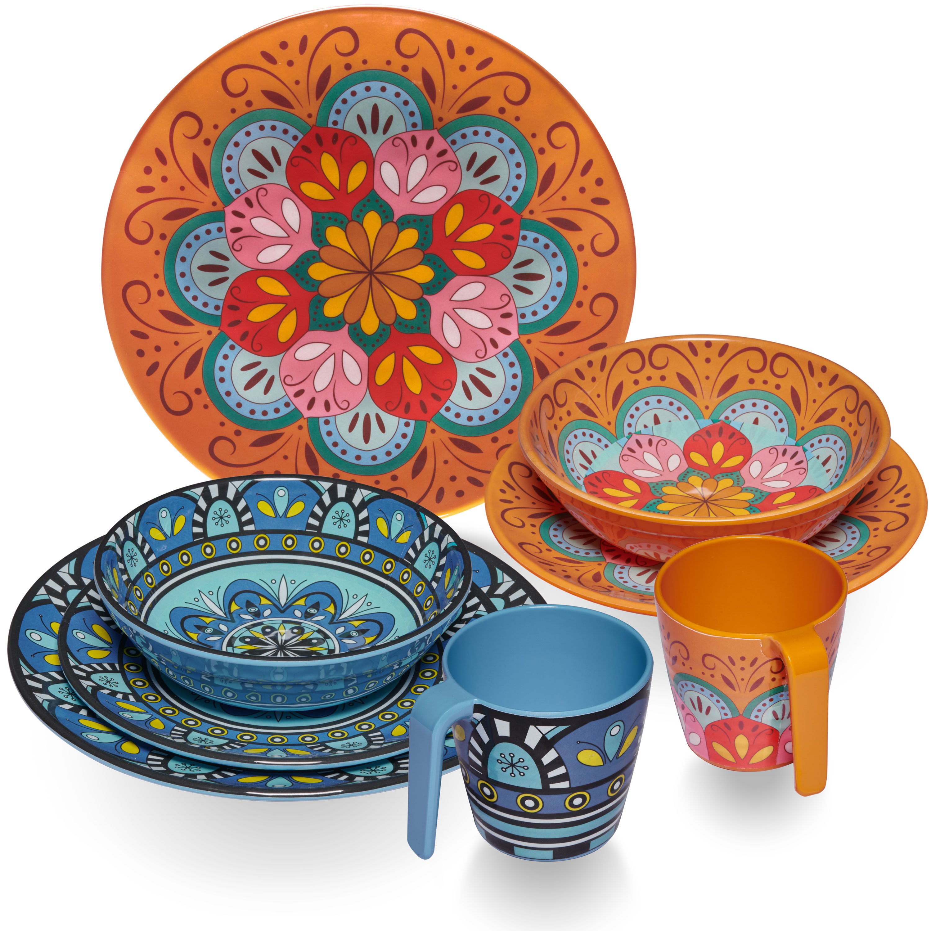 Image of Tuscany Pastel Camping Tableware For 2 People - 8-piece Set - Orange-blue - Mandala Design, Dishwasher Safe, Dining Tableware, Camping Accessories, Camping, Festival, Picnic, Garden Party