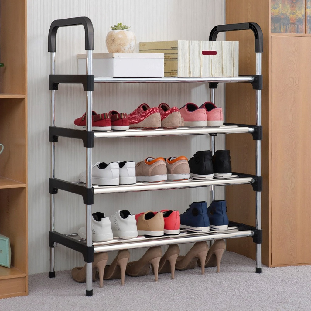 4 tiers black metal shoe rack sturdy durable metal narrow   shoe rack entryway shoe tower shoe storage organiser heavy duty storage unit shoe stand shoe holder space saving shoe shelf shoe organizer footwear cabinet for closet living room bedroom entryway hallway     with dimension 60x30x80cm details 0