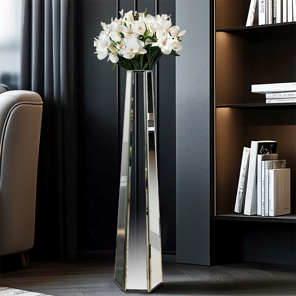 Image of Glass Floor Vase - Mirrored Tall Floor Vase 77cm For Living Room Decor, Fresh Flower Arrangements, Home Decoration, Christmas Gifts