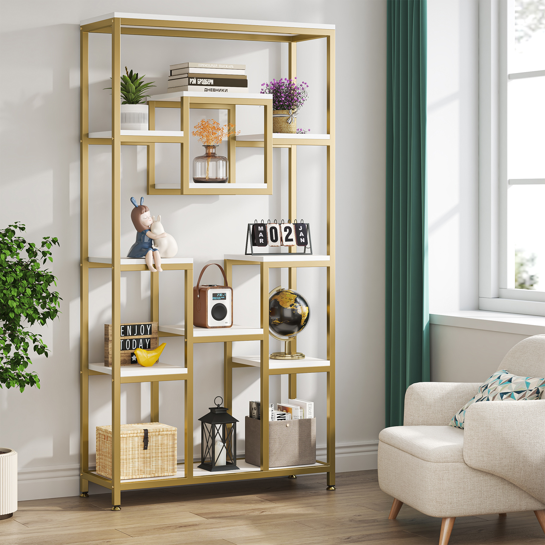 Bookcases And Bookshelves, 71” Tall Bookshelf With Metal Frame, Freestanding Geometric Bookcase With Open Display Shelf For Living Room, Bedroom, Home Office, White And Gold