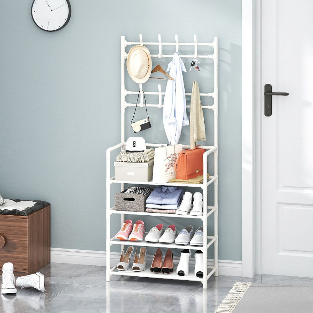 TEMU Metal Clothes Rail, Free Standing Clothes Rack, Multifunctional Clothes Rails With 4-tier Shelves Shoe Racks For Bedroom, Coat Hat Garment Stand