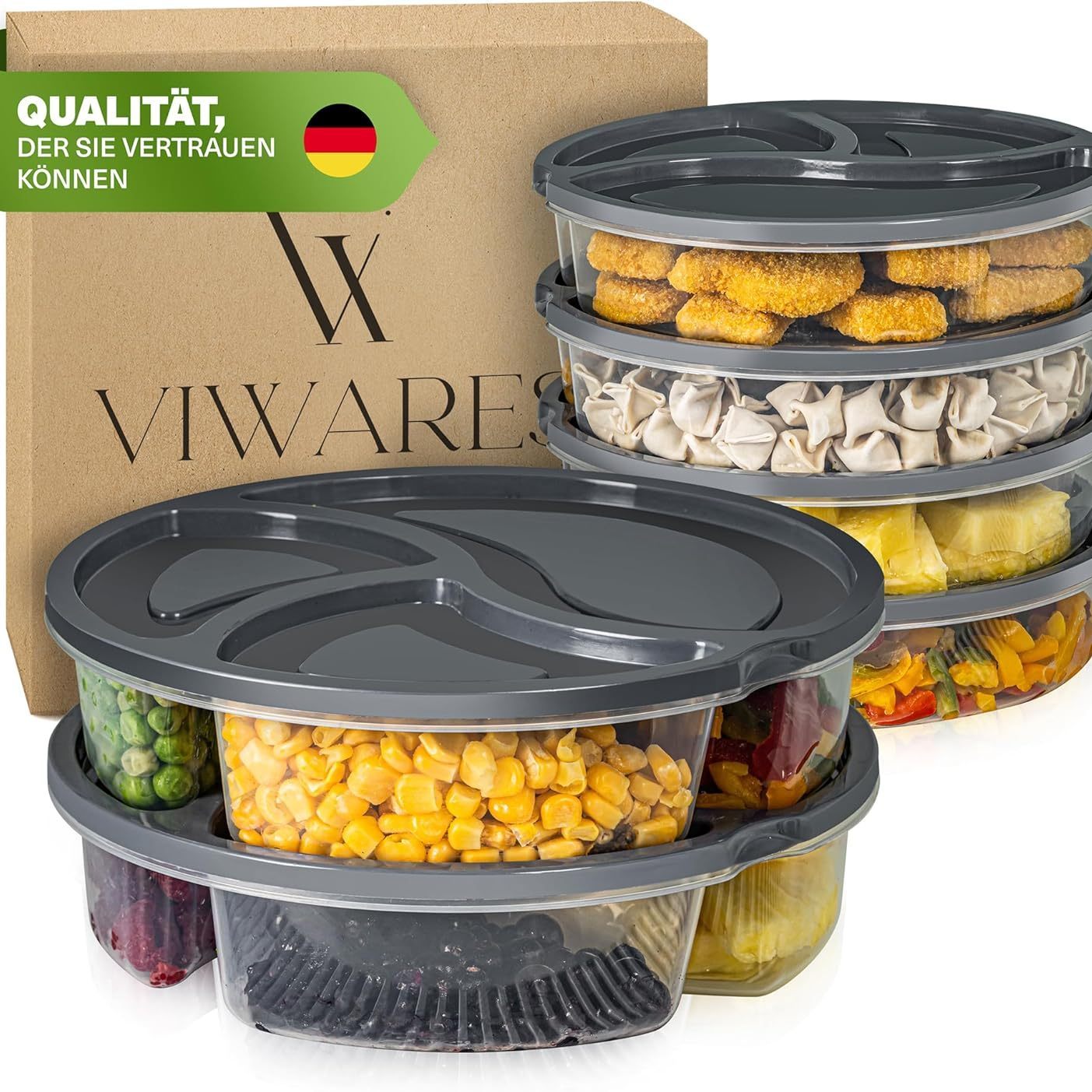 Image of Viwares Food Storage Container Set With Compartments - Meal Prep Boxes For Home, Work, School, And - Airtight, Dishwasher And Microwave Safe, Compact - 6-piece Set In