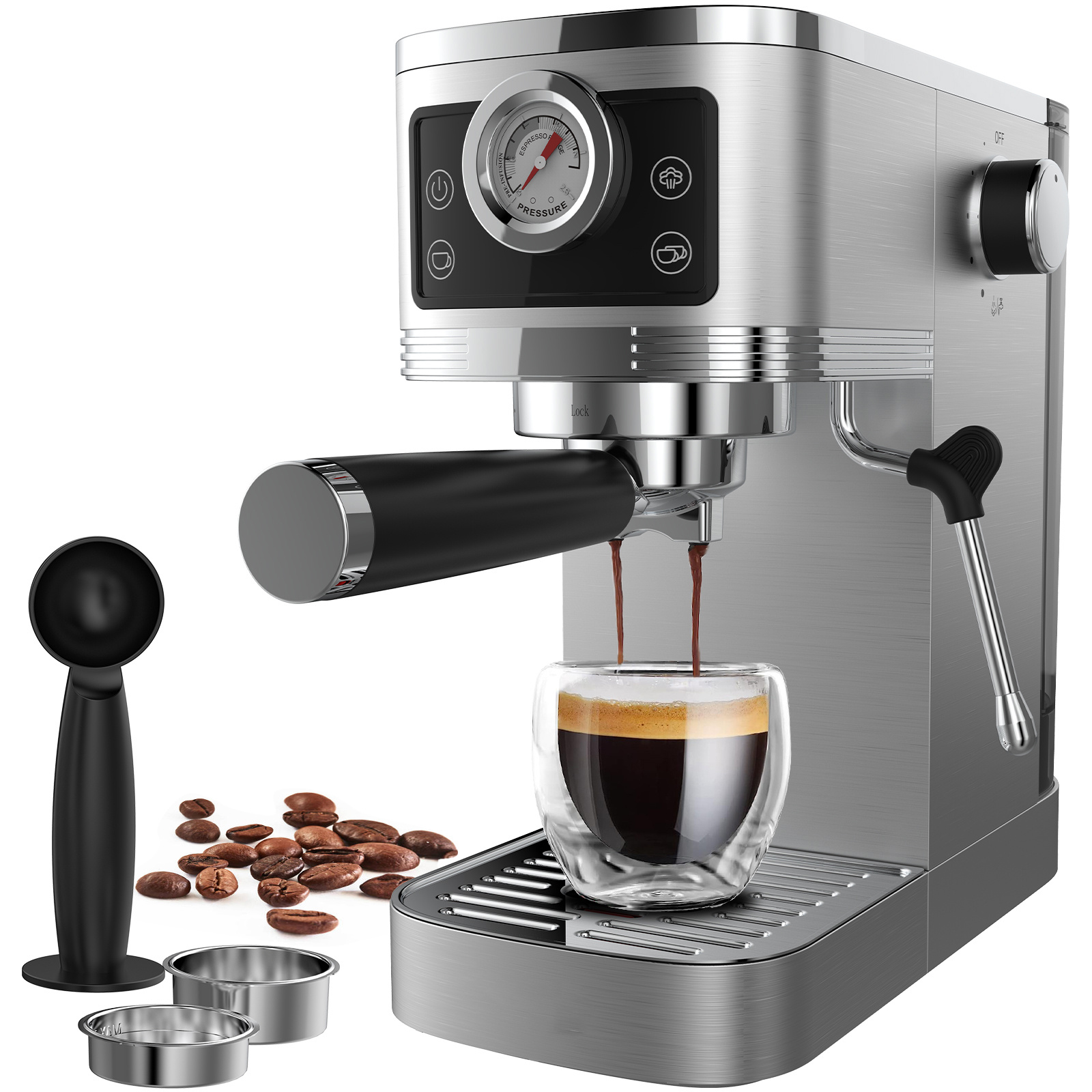 E-shop Espressomaschine, Edelstahl 1350W Espressokocher mit 20-Bar Italien Pumpe, 1,3L Wassertank, Kaffeemaschine mit Milchaufschäumer, Druckanzeige,