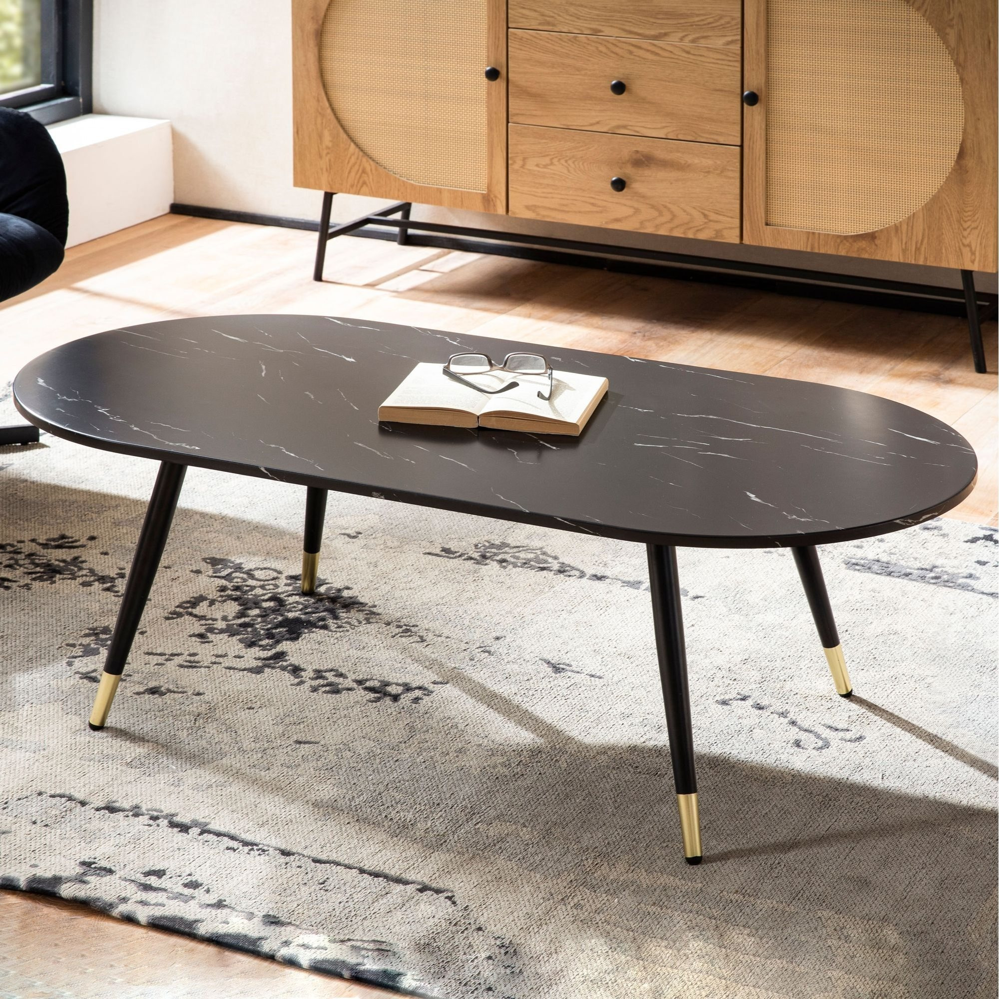 Image of Coffee Table 120x60x41.5 Cm With Modern Marble Look, Design Living Room Table With Metal Frame, Oval Sofa Table Large, Living Room Side Table