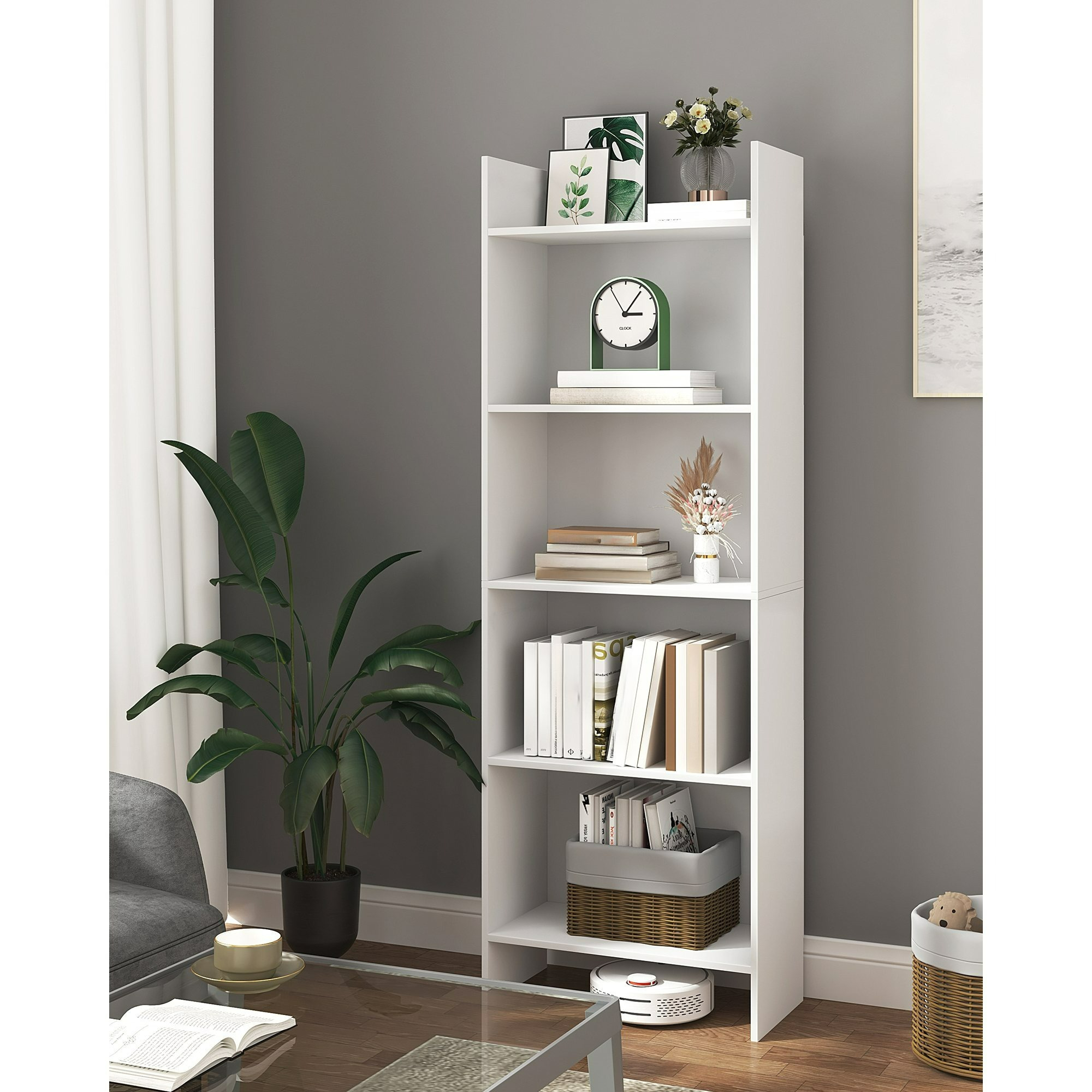 E-shop Bücherregal, Regal, Standregal, Büroregal, mit 5 Fächern, offen, für Wohnzimmer, Arbeitszimmer, Büro, als Raumteiler, 24 x 50 x 140 cm, Weiß