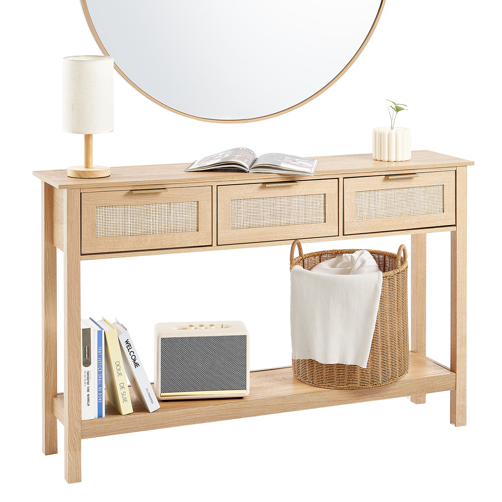 Vevor Rattan Console Table With 3 Storage Drawers Rattan Sliding Door Natural