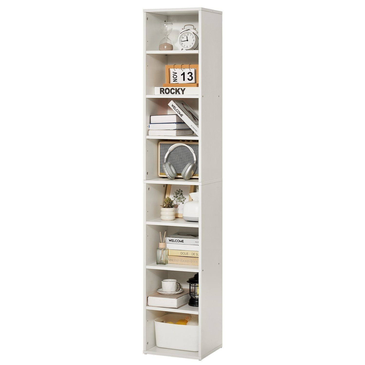 Vevor 8 Tiers Narrow Bookshelf 71" Wooden Open Bookcase Adjustable Shelf White