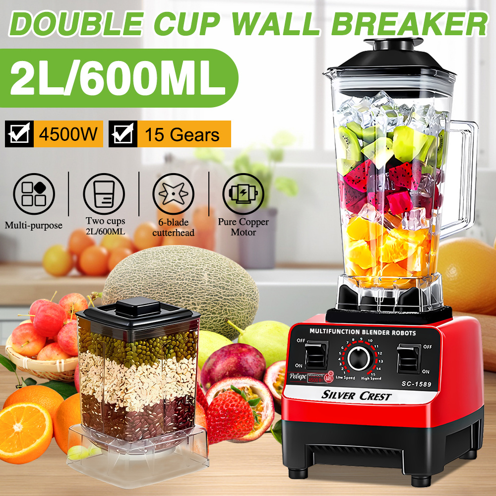 Multifunctional Blender-2L+600ML Powerful Blender for Smoothies, Juice Blender with 15 Speeds, Fruit & Vegetable Crusher, Christmas and Halloween gifts.Soybean Milk Grinder Tool, Quiet & Easy Clean,