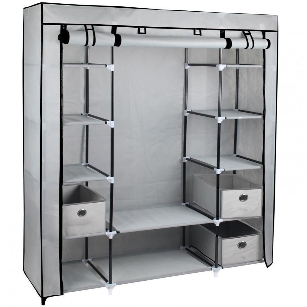 Gr8 Home Large Grey Fabric Canvas Wardrobe With Hanging Rail Shelving Clothes Storage, Grey