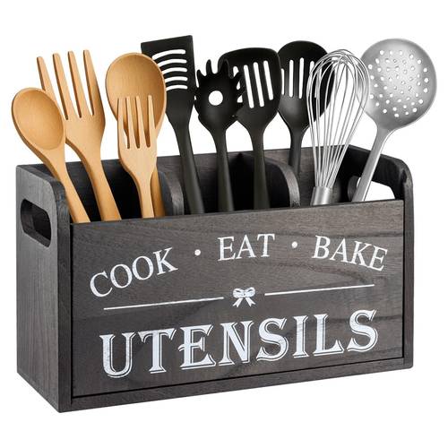 kitchen utensil holder with 3 compartments wooden storage utensil organizer for countertop farmhouse decor rustic cooking utensil kitchen tool