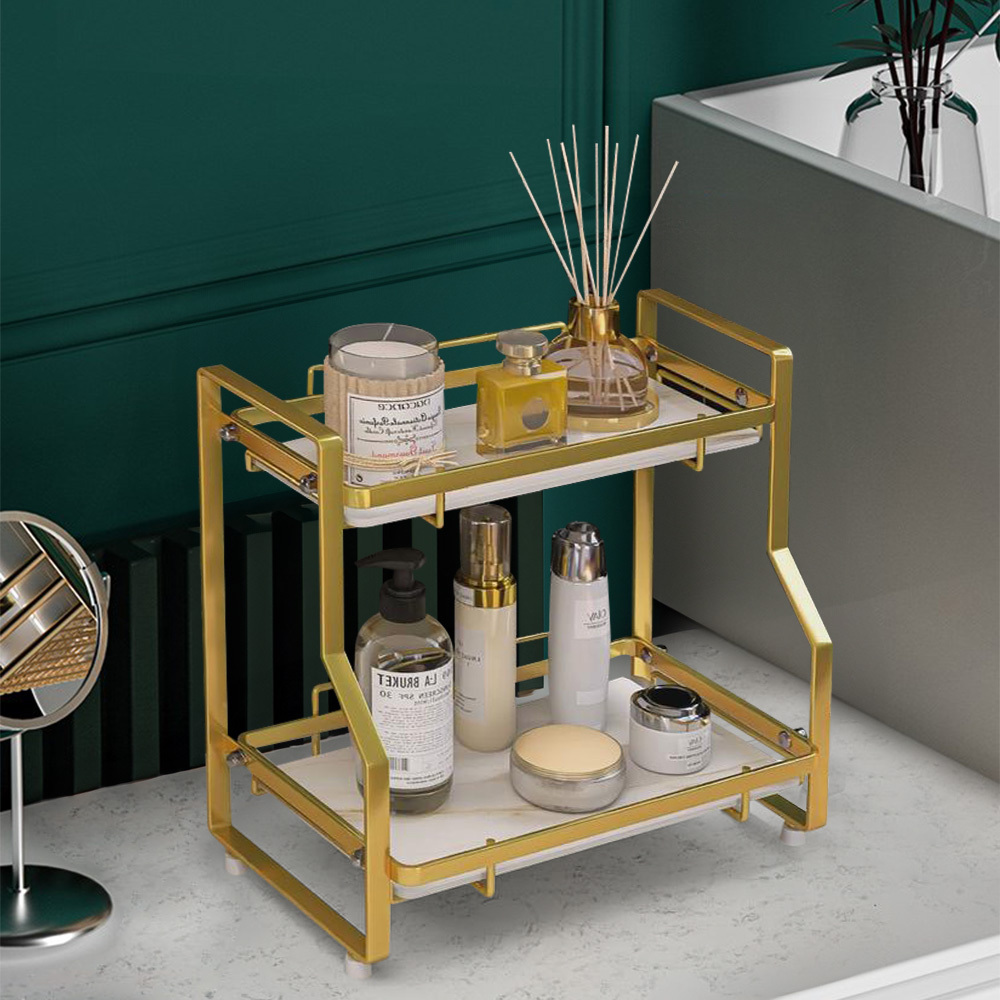 TEMU Bathroom Countertop Organizer With Marbling Tray, 2 Tier Makeup Organizer Wire Vanity Tray, Cosmetic Storage Shelf Counter Standing Rack,