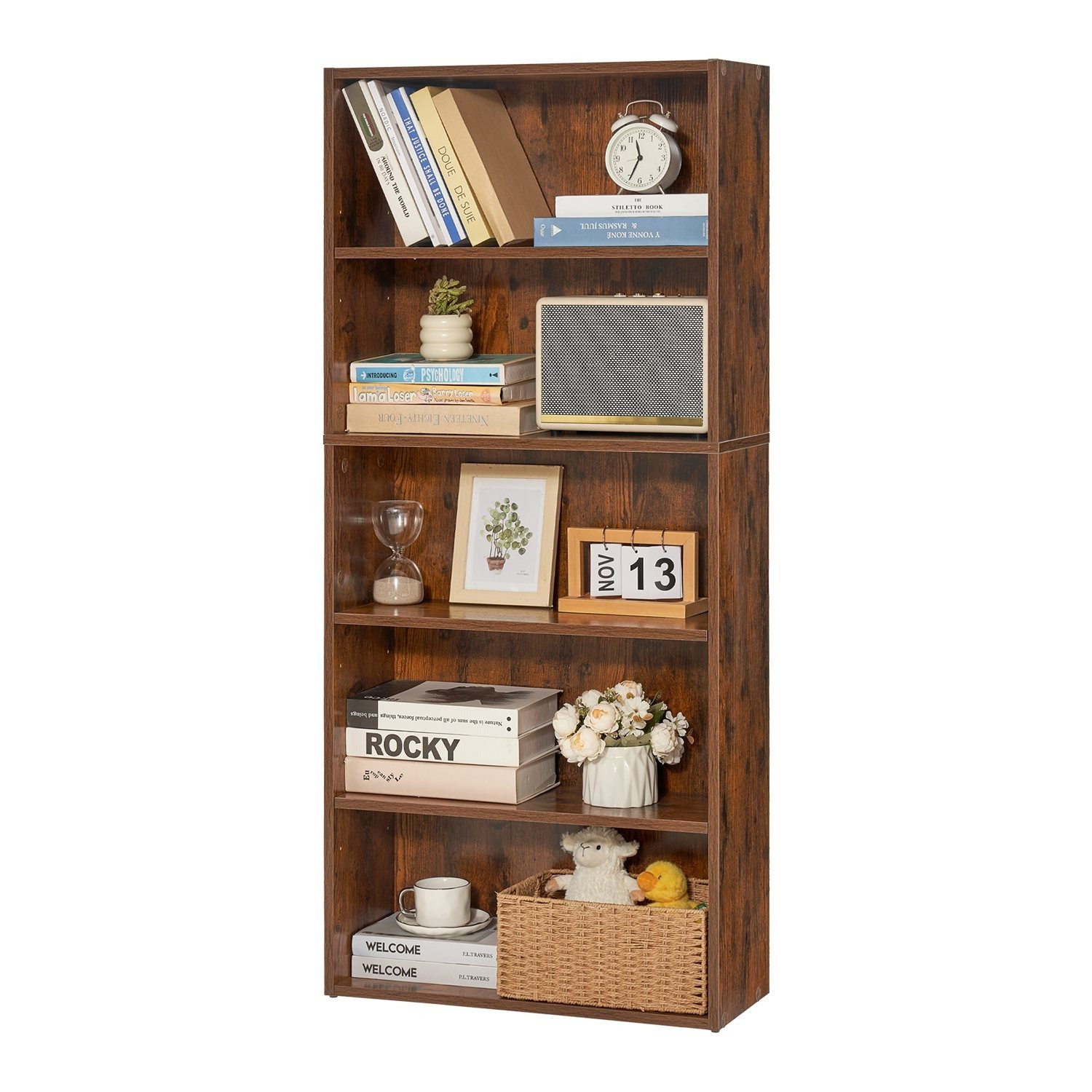 Vevor 5 Tiers Narrow Bookshelf 53" Wooden Open Bookcase Adjustable Shelf Brown