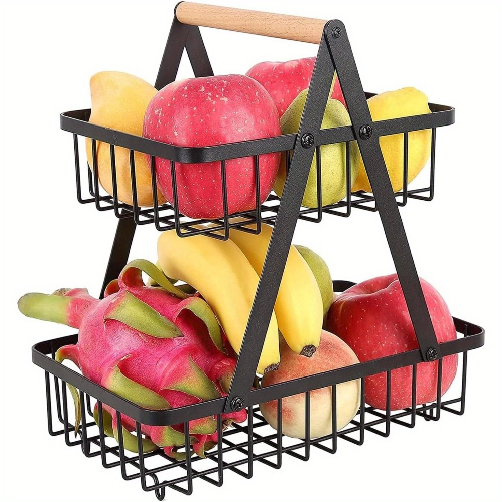 TEMU Detachable 2 Tier Fruit Basket Metal Fruit Bowl Holder With Wooden Handle For Vegetables Snacks Bread Kitchen Office Storage Organizer Rack