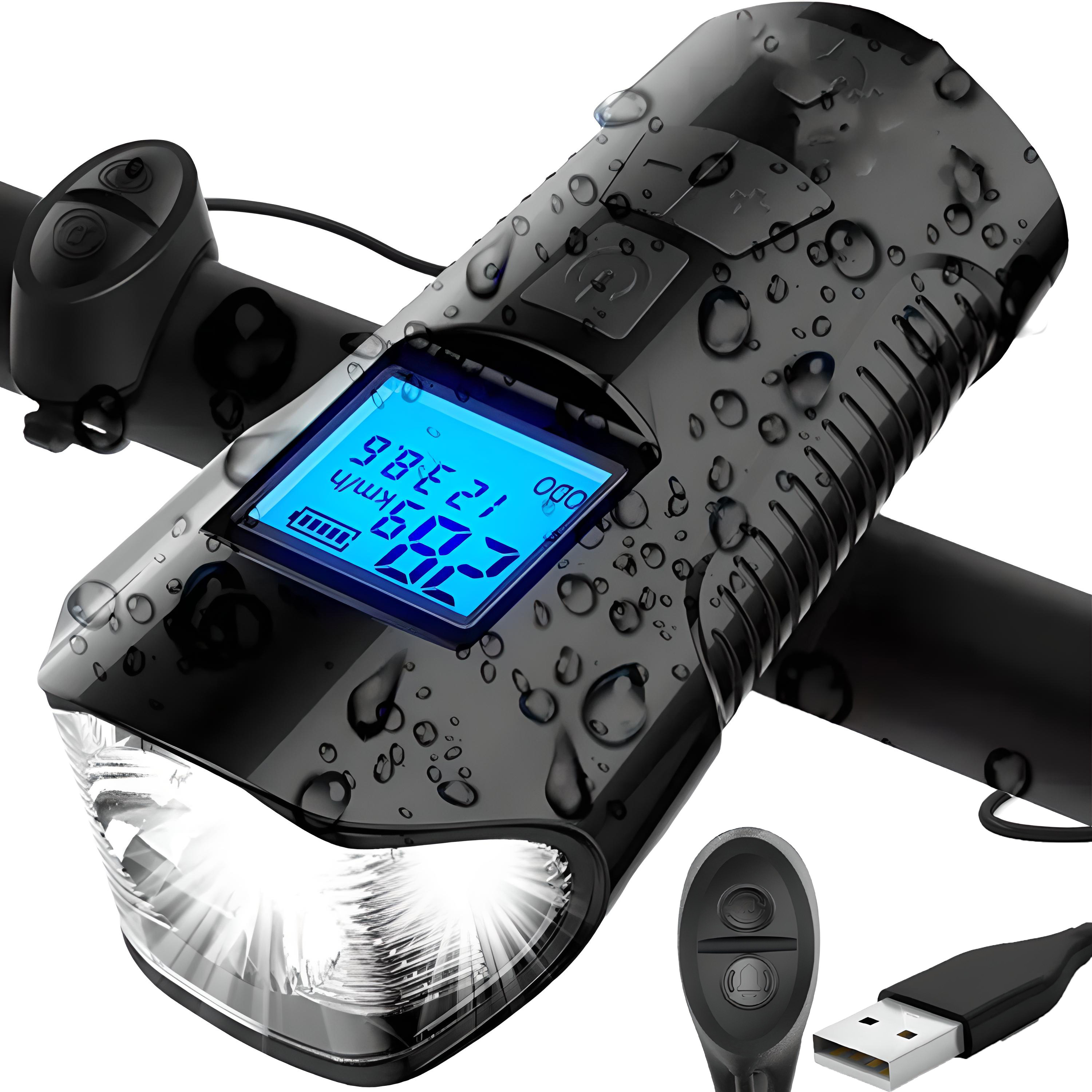 TEMU Lampe LED pour Vélo RETOO TechPro, Feu Arrière , USB avec Compteur, Vitesse et Sonnette, Lampe de Vélo avec Batterie 1500 mAh et 4 d'Éclairage,