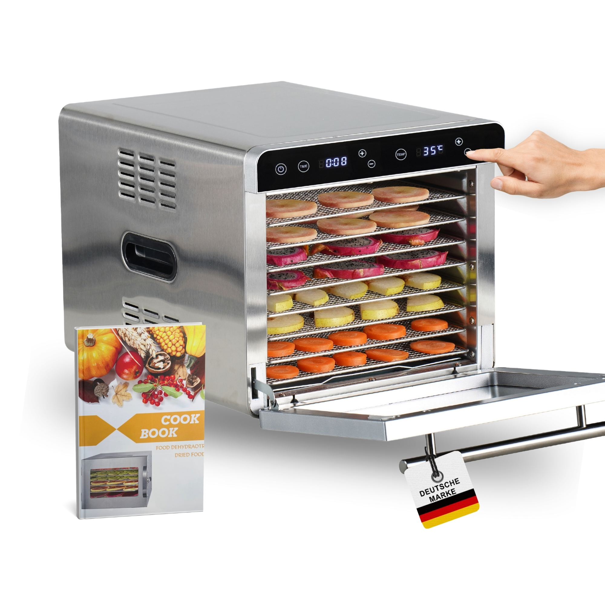 Door Automat -700 Xxl | Professional Door Device | 700w Dehydrator | 8 Stainless Steel Drying Racks | Led Display | 24h Timer | Temperature Setting From 35°c-85°c | . Cookbook