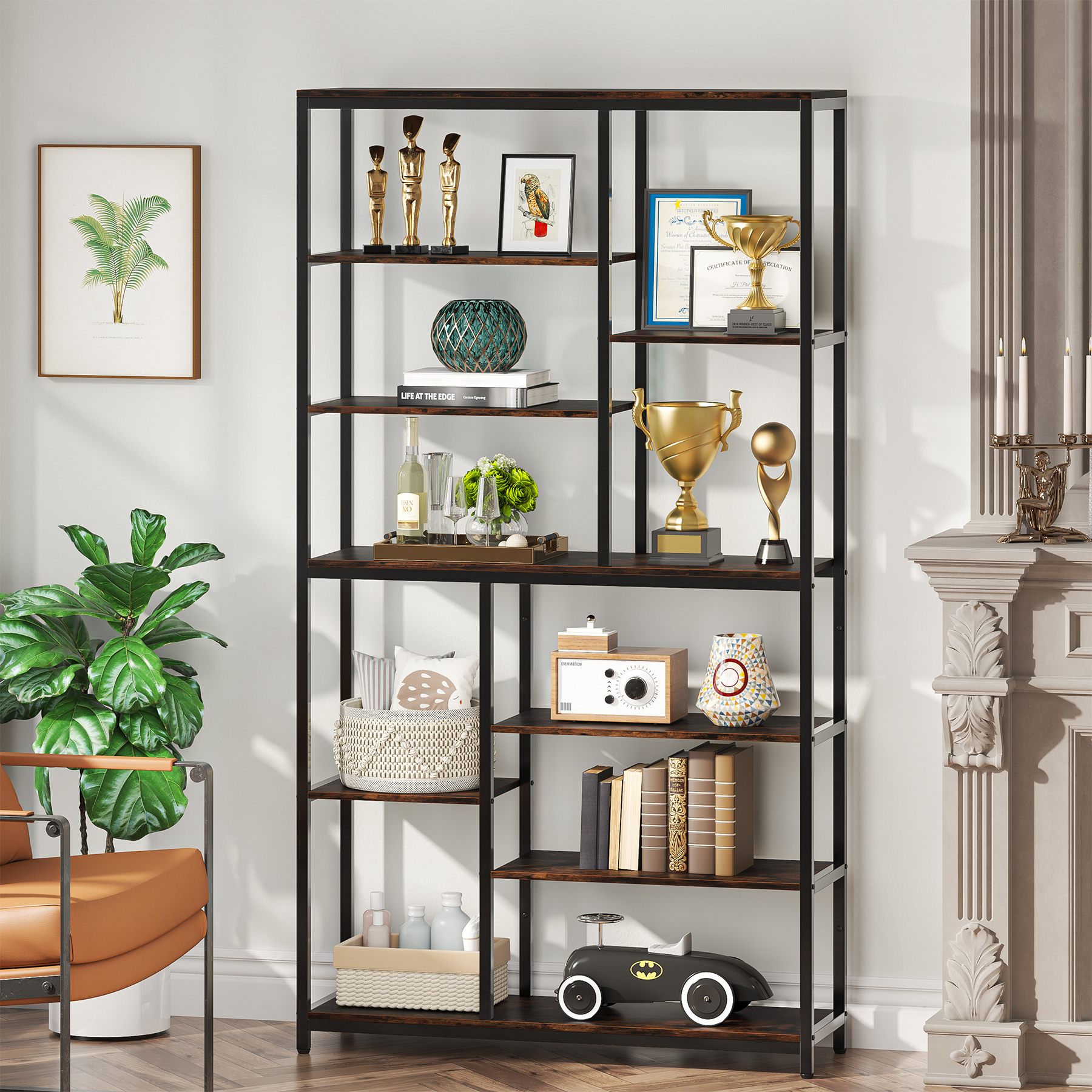 200cm High Bookshelf, Modern Living Room Open Display Rack, With 9 Shelves, Suitable For Multifunctional Independent Bookshelves In Living Rooms, Study Rooms, And Offices.