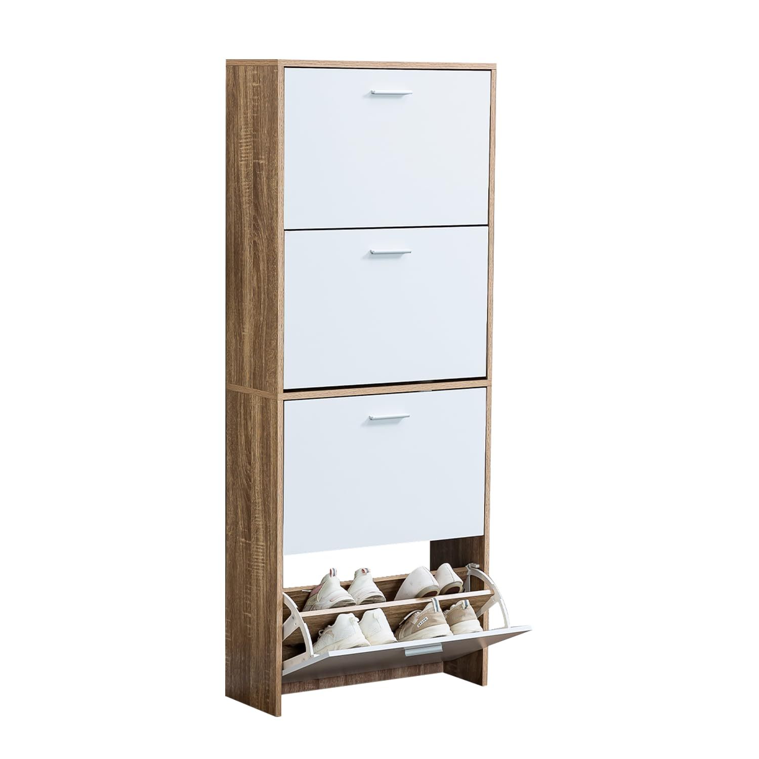 TEMU Zapatero Extra Delgado - 24 - : L60 x P24 x cm - Práctico y Moderno - Diseño Elegante con Puertas Blancas y de Madera - Ideal para Entrada o
