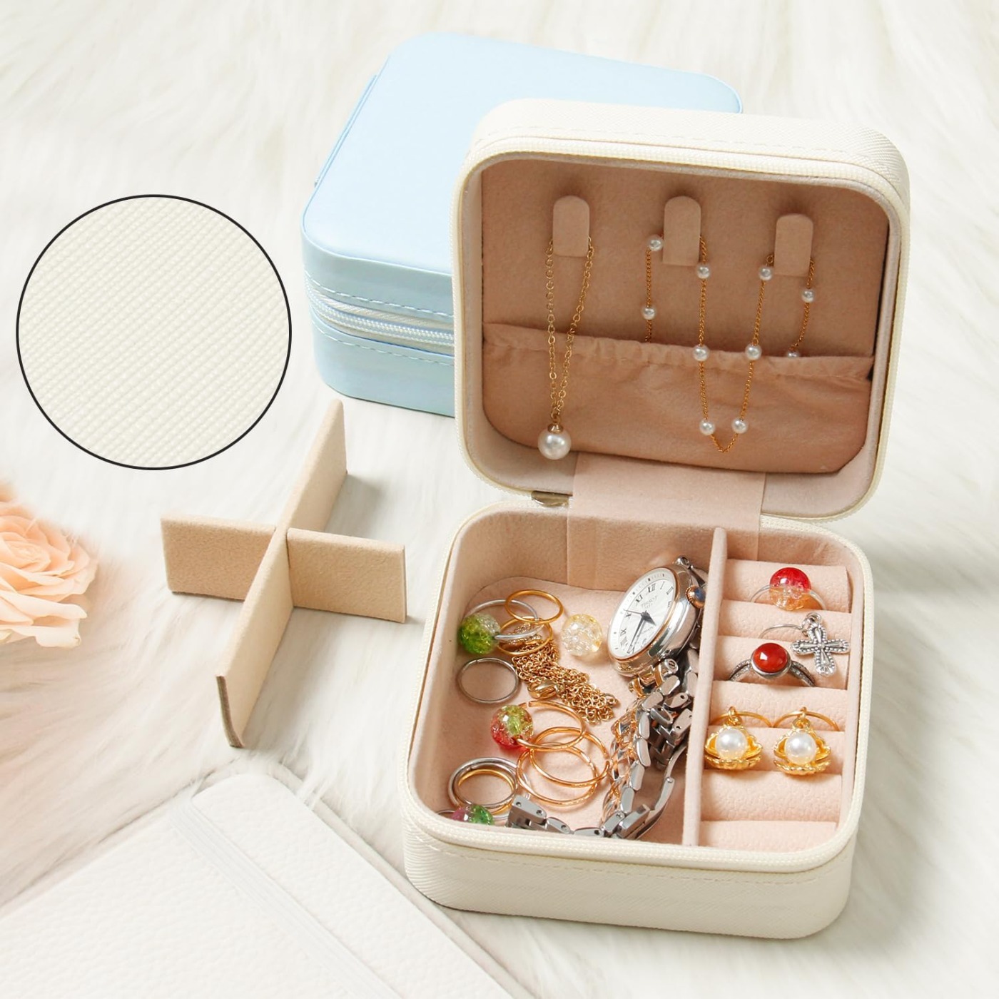 TEMU Compact White Jewelry Organizer For Travel, Mini Portable Storage Case With Removable Compartments, Holds Rings, Earrings, Necklaces, Bracelets,