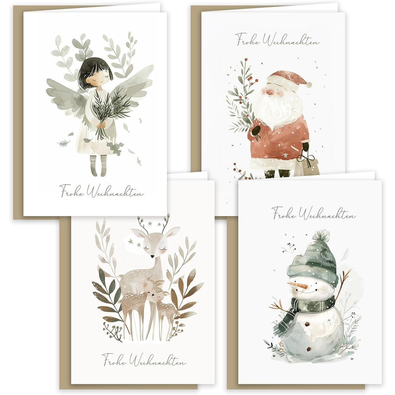 Image of 12 Christmas Foldable Cards With Envelopes, Delicate Christmas Time Cards, Merry Christmas Xmas Greeting Cards Featuring Christmas , Snowman, Reindeer, And Santa Claus