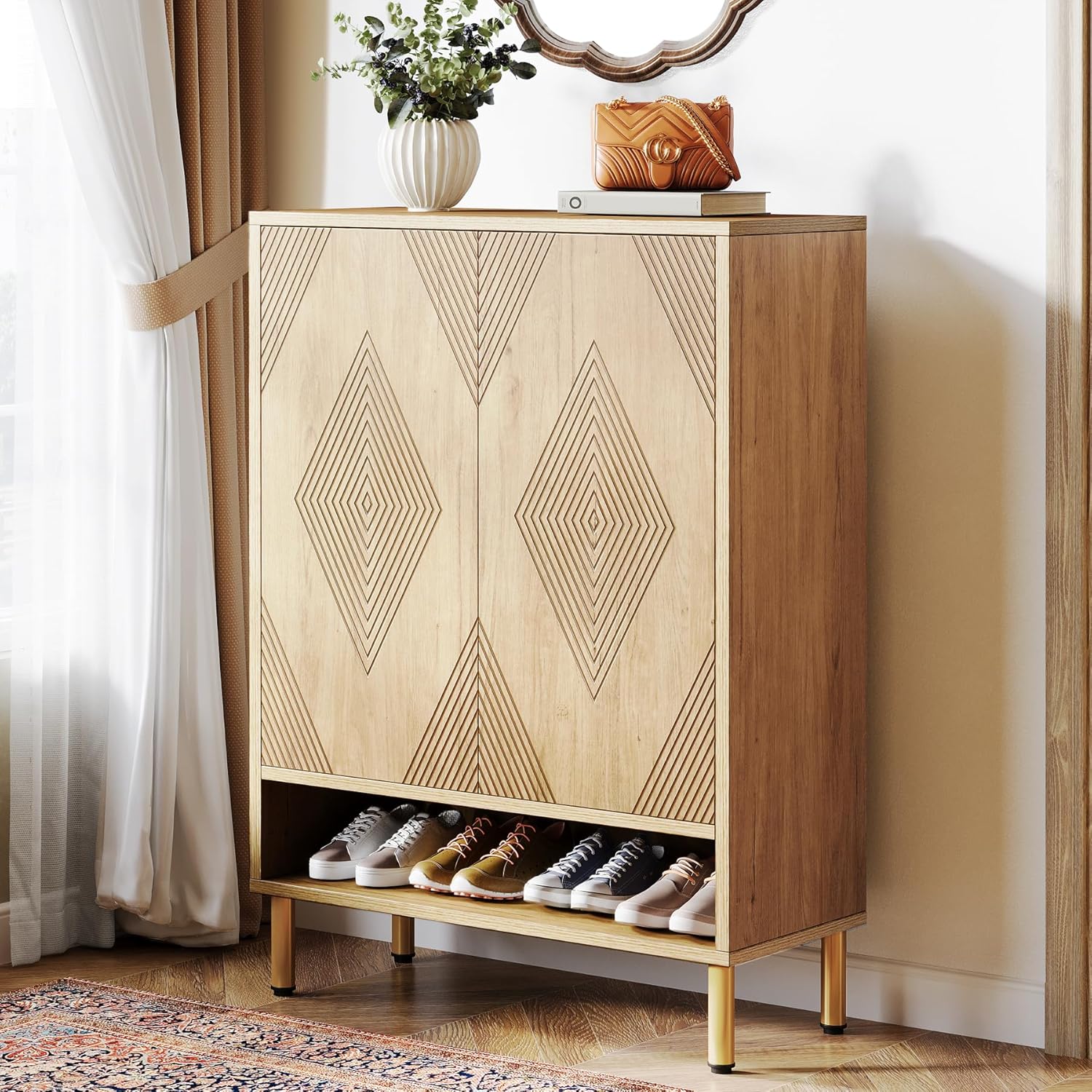 Image of Shoe Cabinet With 2 Doors, 73x35x115cm, Equipped With A Gold Metal Frame, A Narrow Entrance Shoe Cabinet That Can Hold 25 Pairs Of Shoes On Floor, And Storage Cabinets Room And Hallway.