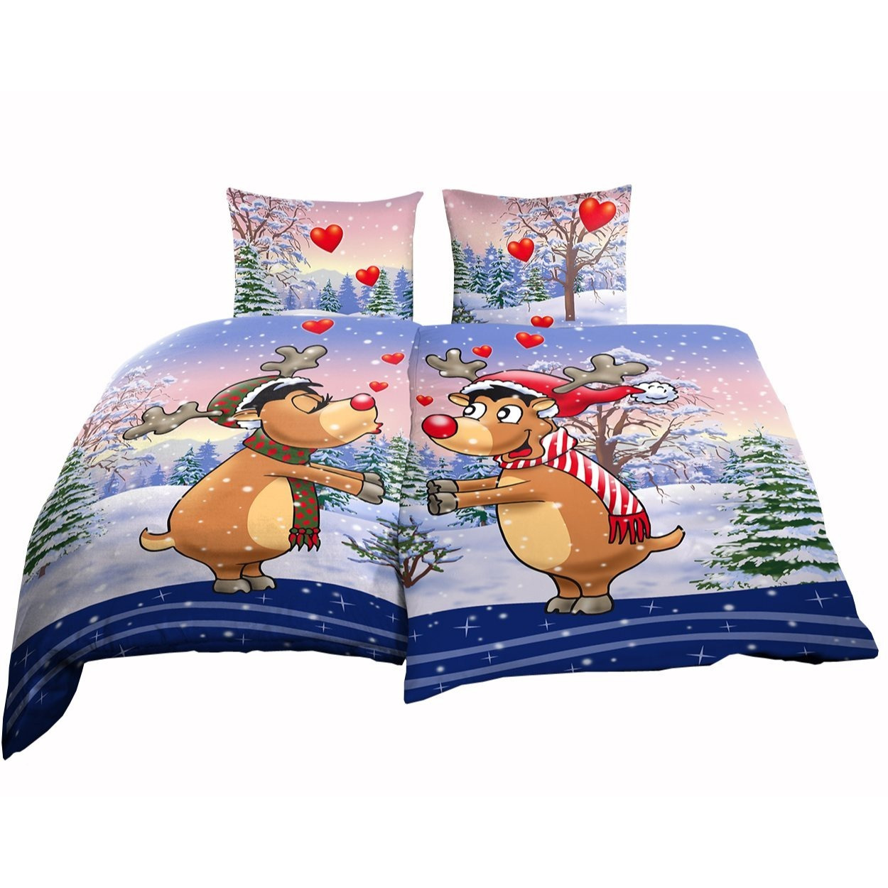 E-shop Bettwäsche Fleece 135x200 cm Partnerbettwäsche Winter Liebe Weihnachten warm kuschelig weich blau Rentier