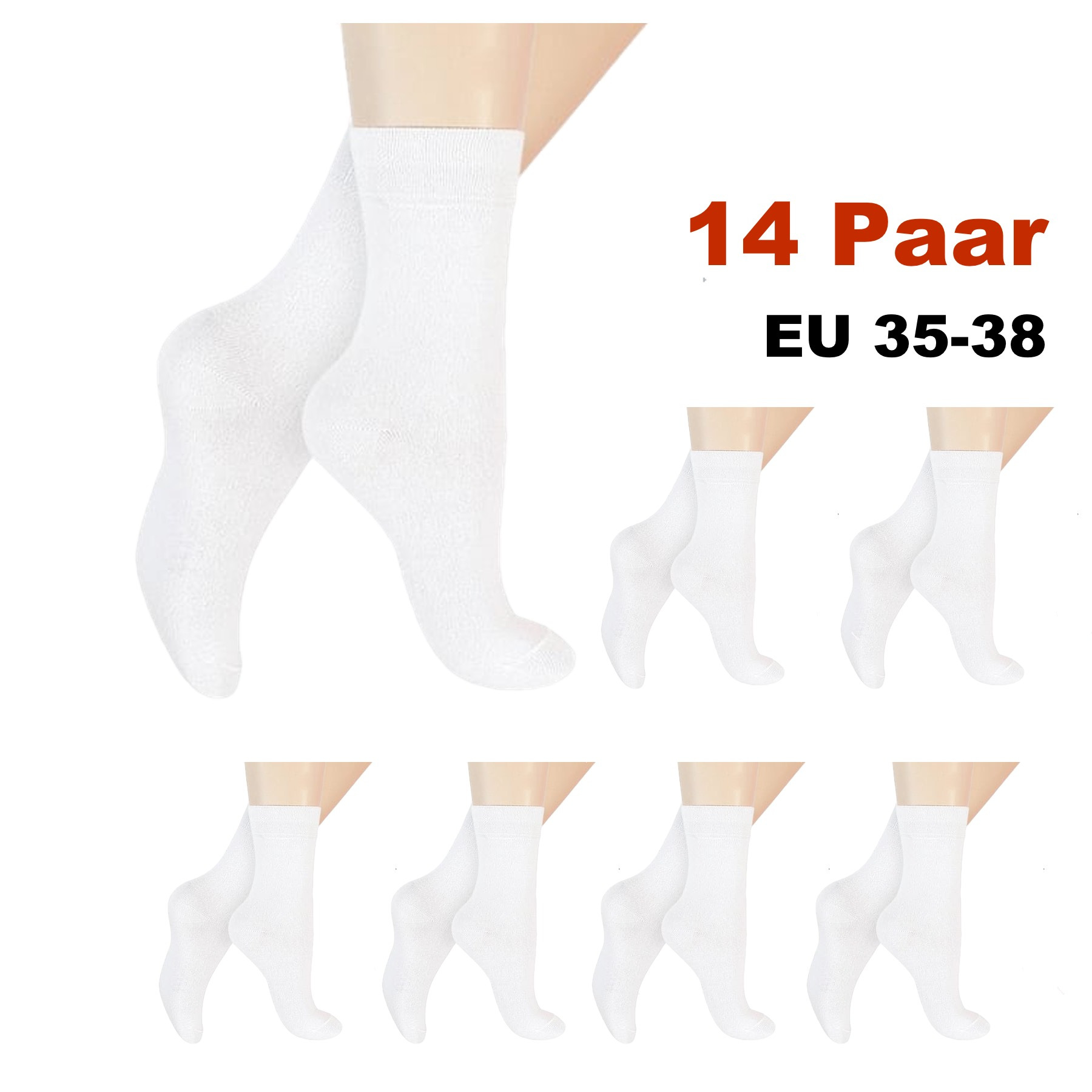 E-shop 14 Paar Damen Socken, Freizeitsocken, Arztsocke, Krankenschwestersocke, Sportsocken, Tennissocken, Socks EU 35-38, Weiss, Weich und Bequem, uni,
