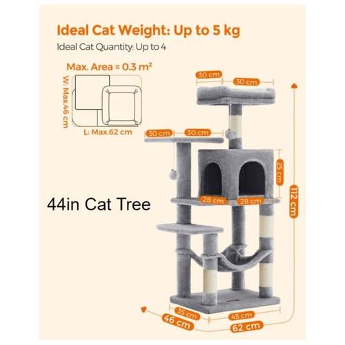 112 cm Cat Tree, Multi-Level Soft Plush Cat Tree, Cat Tower Condo with 4 Cat Scratching Posts, Hammock, Cave, Platform, Toys, Pink/White/Beige/Grey, Easy Assembly and Sturdy, Indoor Cat Furniture