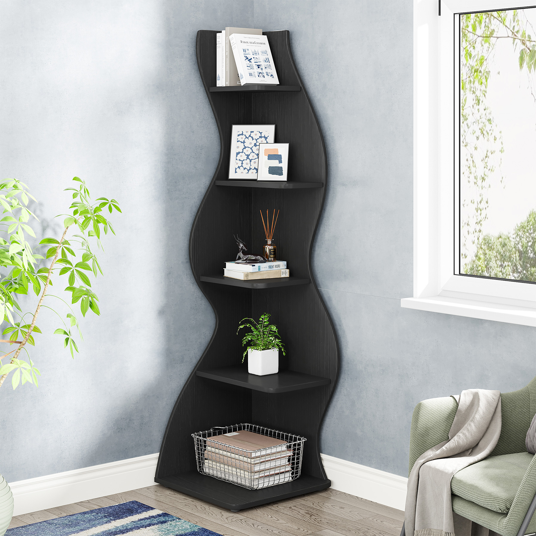 Corner Shelf, Rustic 5-tier Wall Corner Bookshelf, Stylish Corner Small Bookcase Storage Rack Plant Stand With Unique Shape For Living Room, Home Office.