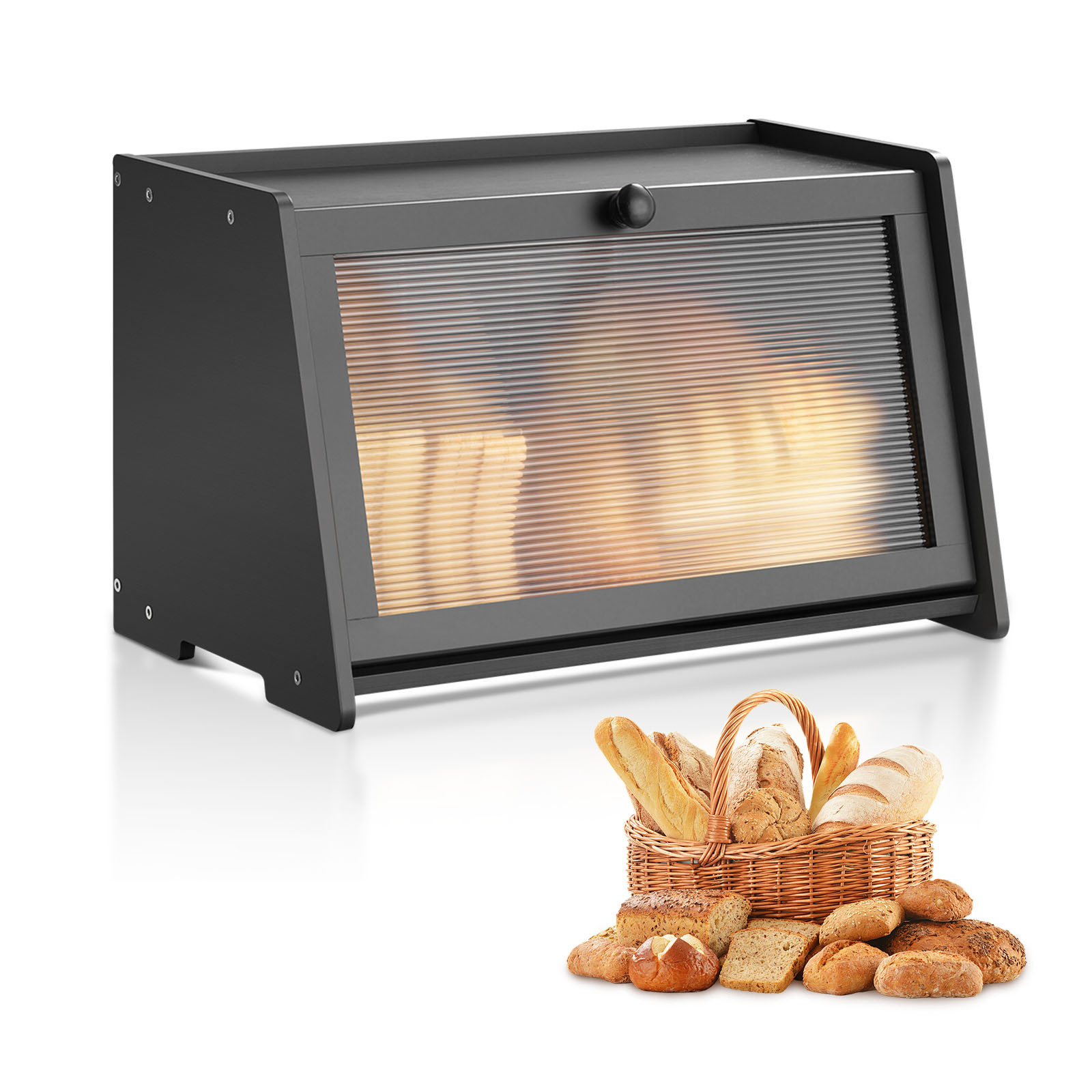 Bread Box For Kitchen Counter Large Capacity Bamboo Storage Container Black
