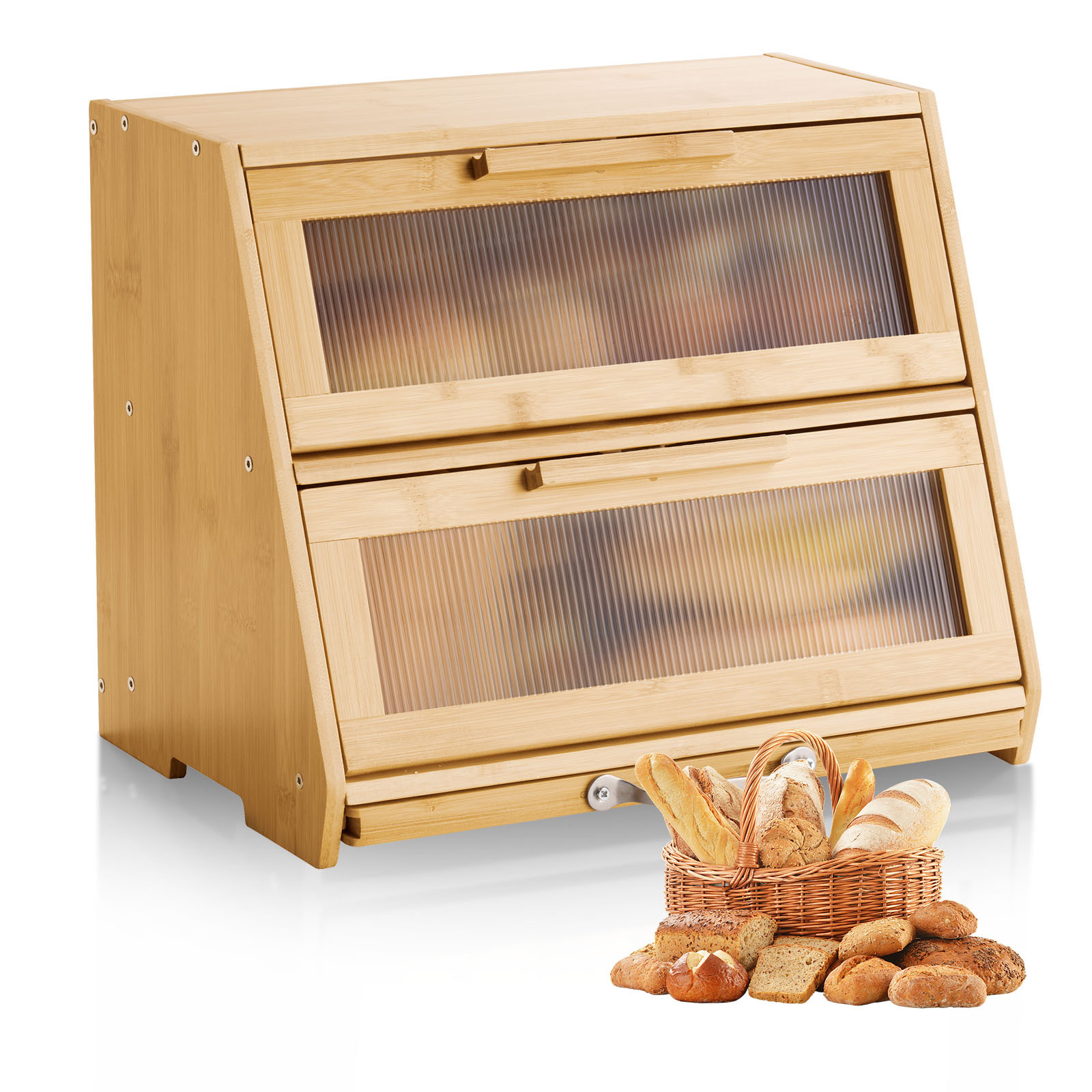 Image of Double Layer Bread Box For Kitchen Counter Bamboo Storage Container Natural