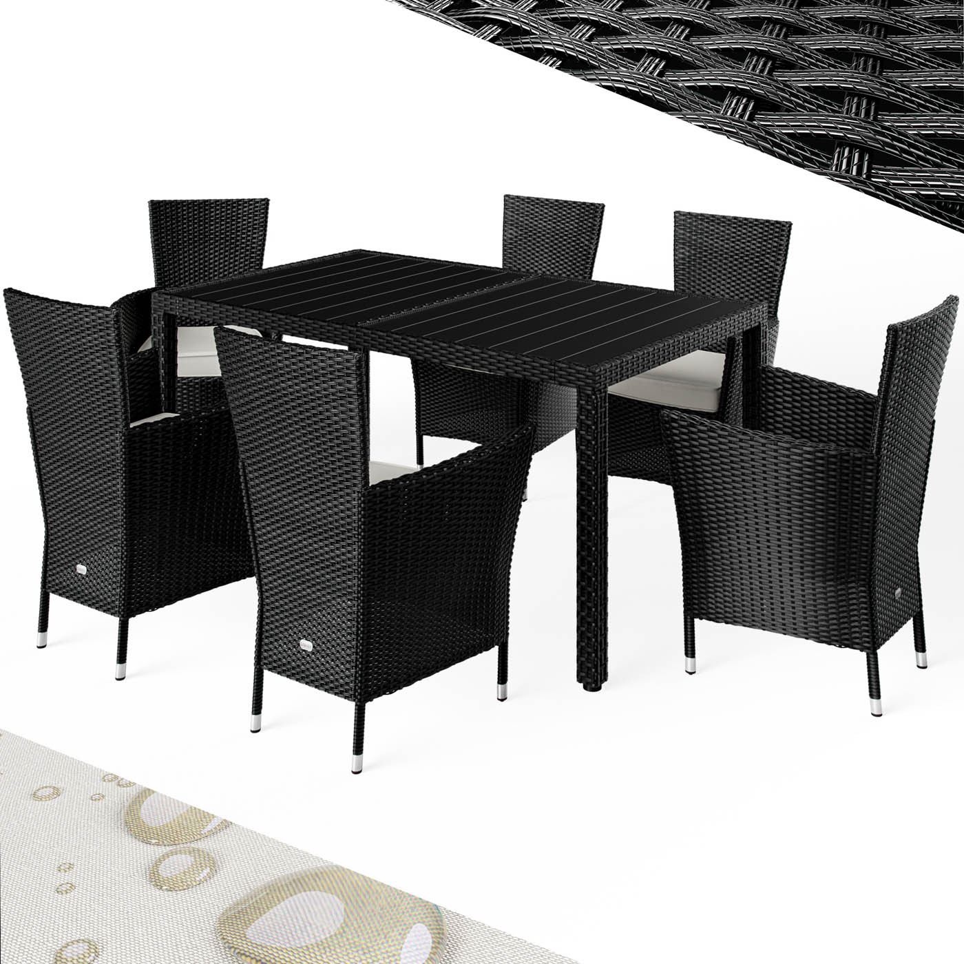 Casaria® Garden Furniture Poly Rattan 6 Chairs Stackable 150x90cm Garden Table Wpc Wood Weather-resistant Outdoor Terrace Seating Group Dining Group Set Black