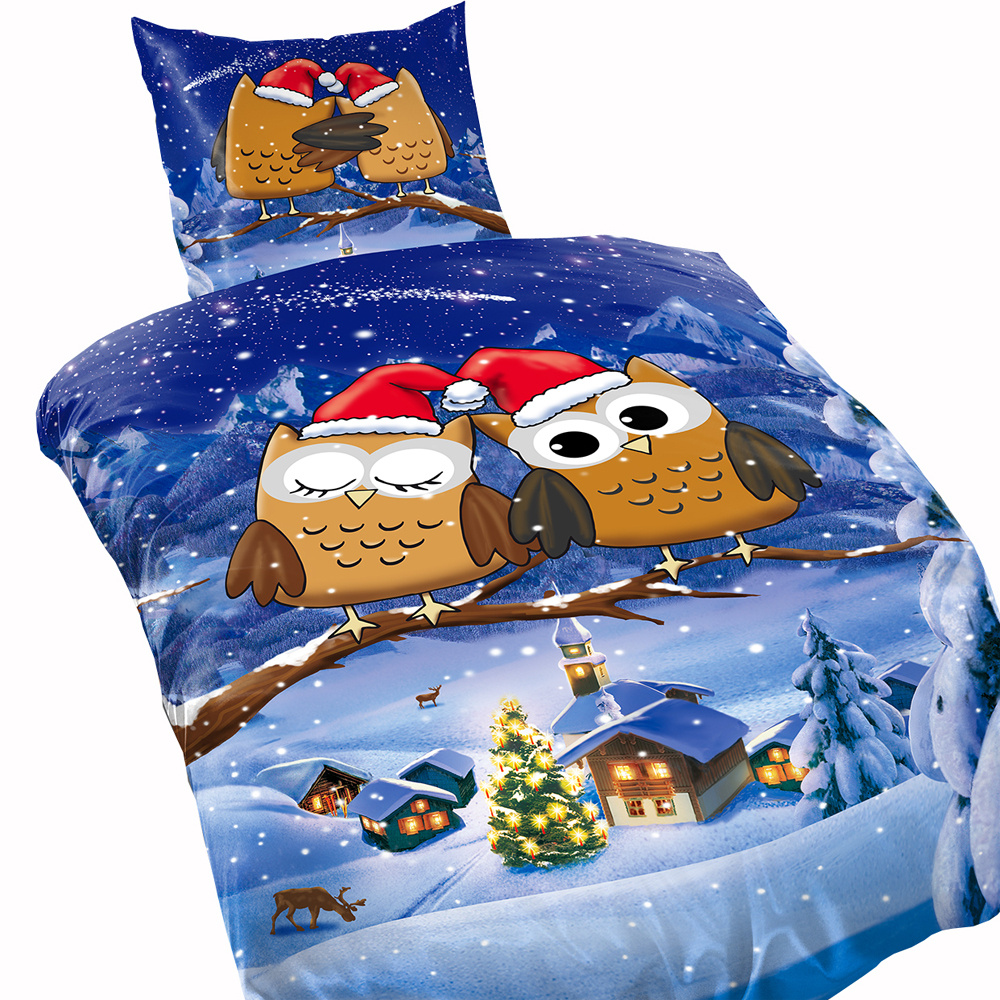 E-shop Bettwäsche Fleece 135x200 cm Winter Eulen Schnee Weihnachten kuschelig weich Reißverschluss warm Bezug Kissen 80x80 cm