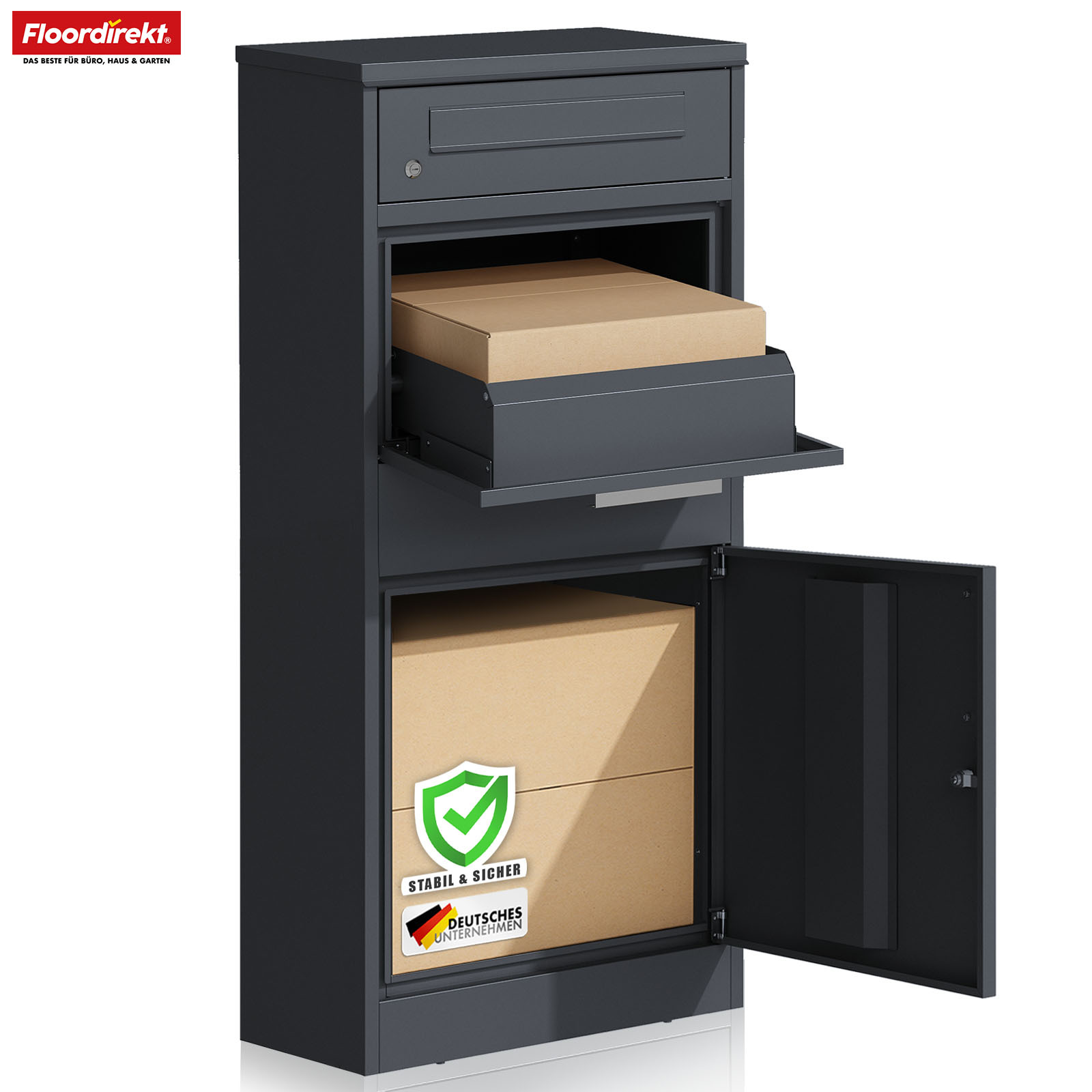 E-shop FLOORDIREKT und Briefkasten Francois - Rostfrei & Massiv - XXL Paketbriefkasten - Moderner Standbriefkasten Abschließbar - in
