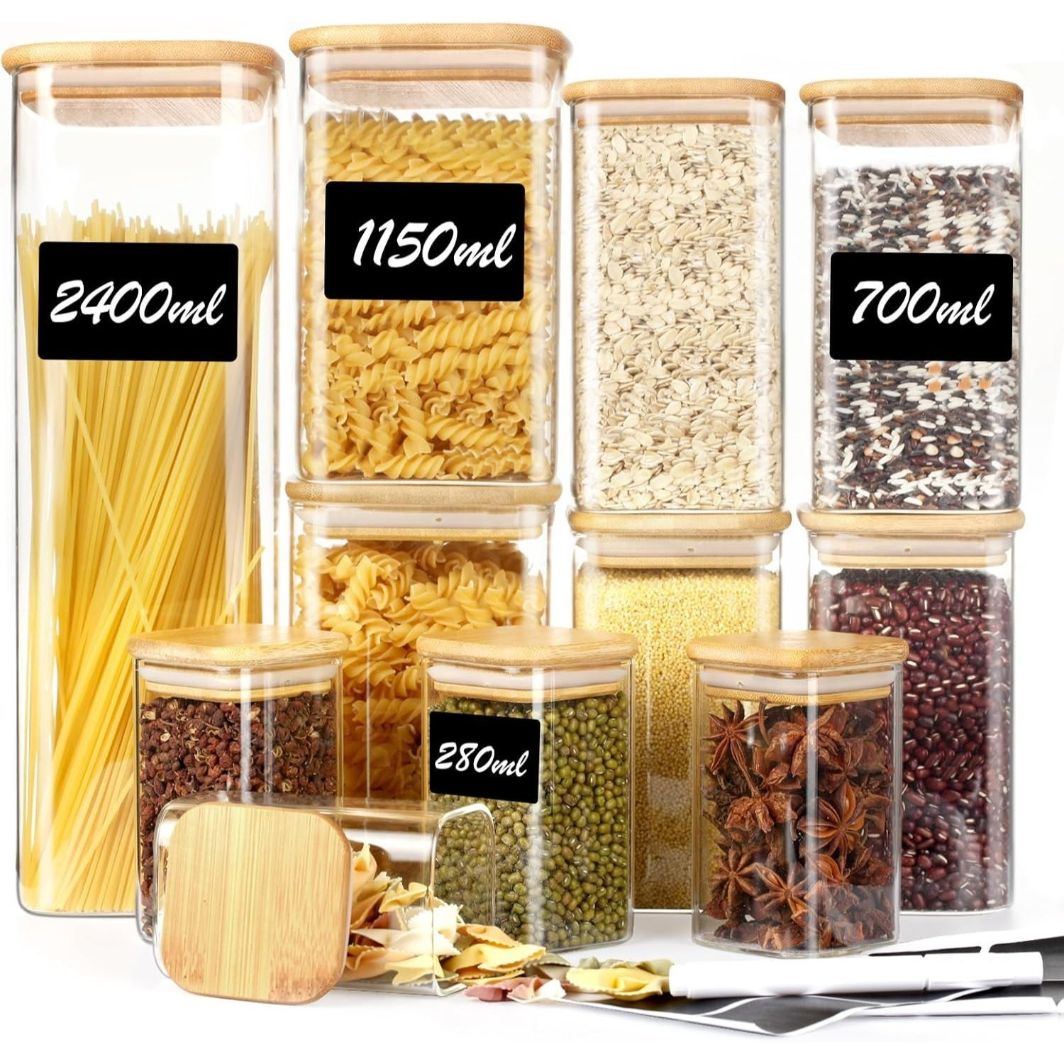 E-shop Glasbehälter mit Deckeln, Rechteckig, Set von 11, 2400ml/1150ml/700ml/280ml, Gewürzgläser mit Holzdeckel, Aufbewahrungsgläser