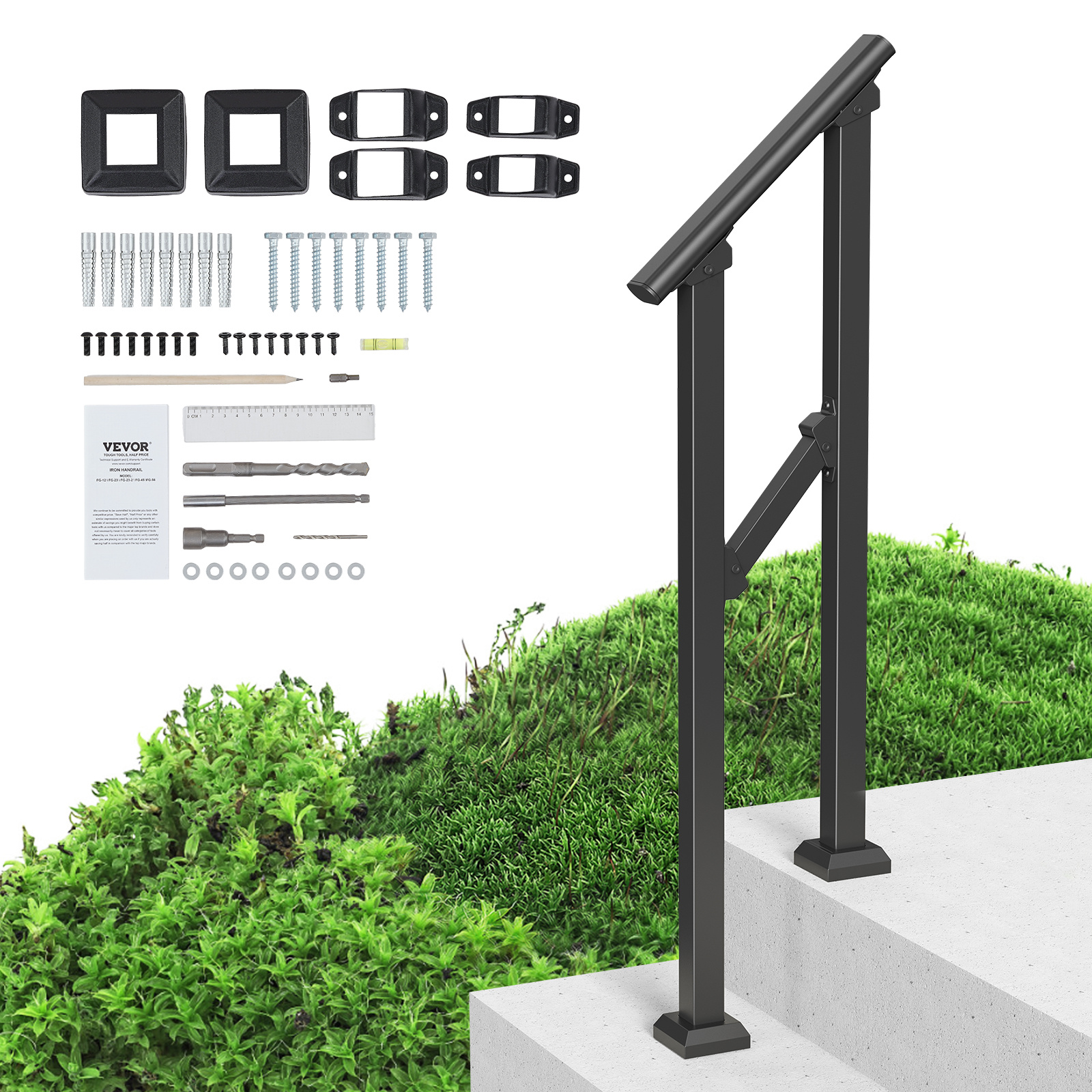 Image of Vevor 1-2 Handrails For Outdoor For Seniors Porch Deck Black Square Tube Steel