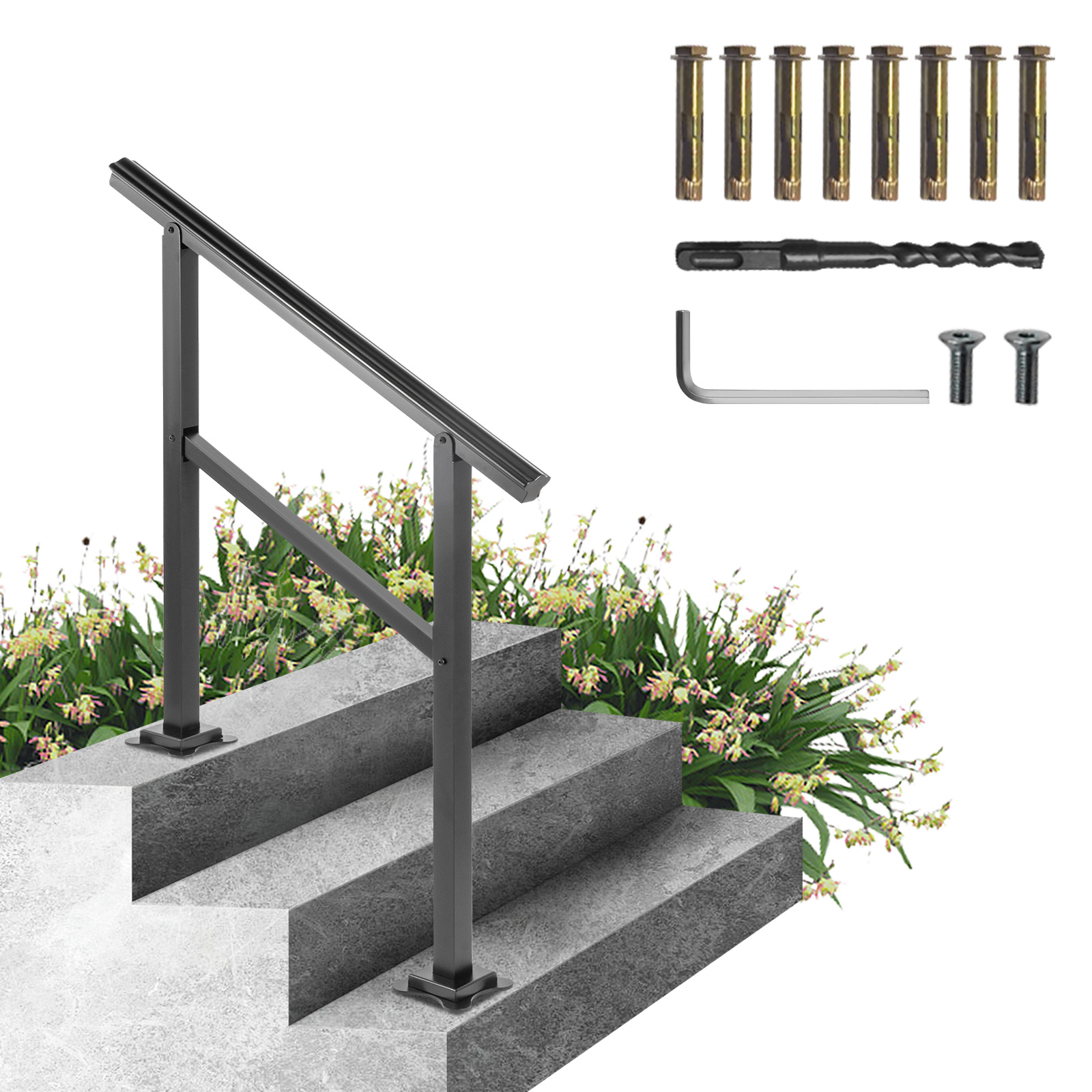 Vevor Outdoor Handrail 165lbs Load Handrail Outdoor Stairs Aluminum Stair Handrail 36 X 35" Outdoor Stair Railing Range From 0 To 50° Staircase Handrail Fits 2-3 Steps With Screw Kit