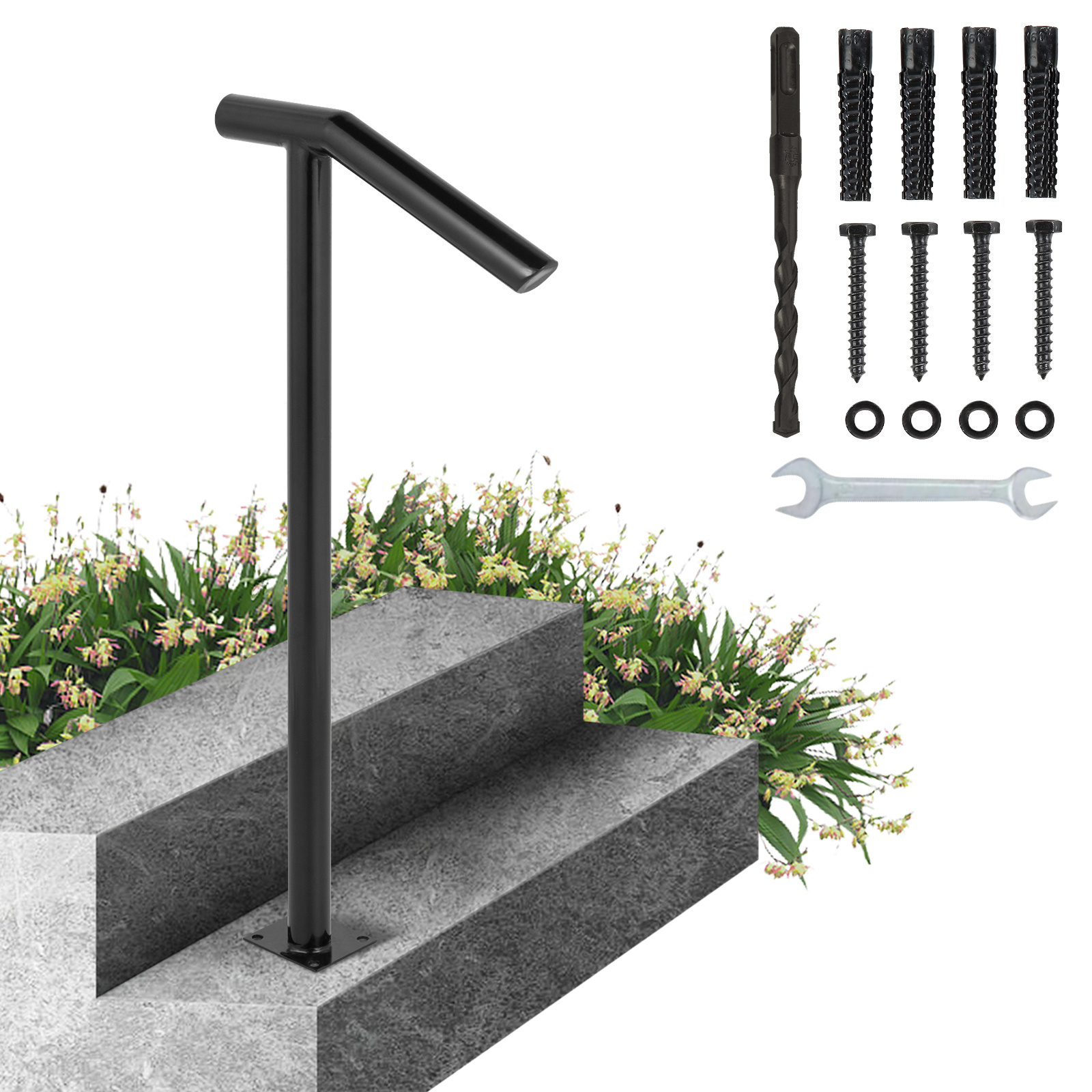 Image of Vevor Round Type Metal Handrail Step Handrail 2 Steps Handrails For Outdoor Steps Handrails 18l X 38h Inch Steps Stair Railing For Steps With 1 Down Post
